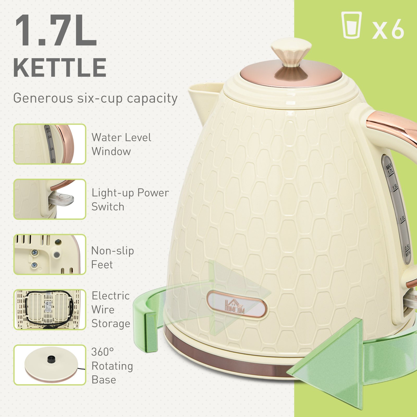 HOMCOM Kettle and Toaster Set, 1.7L 3000W Fast Boil Jug Kettle, 4 Slice Toaster with 7 Level Browning Controls, Beige - Image 4