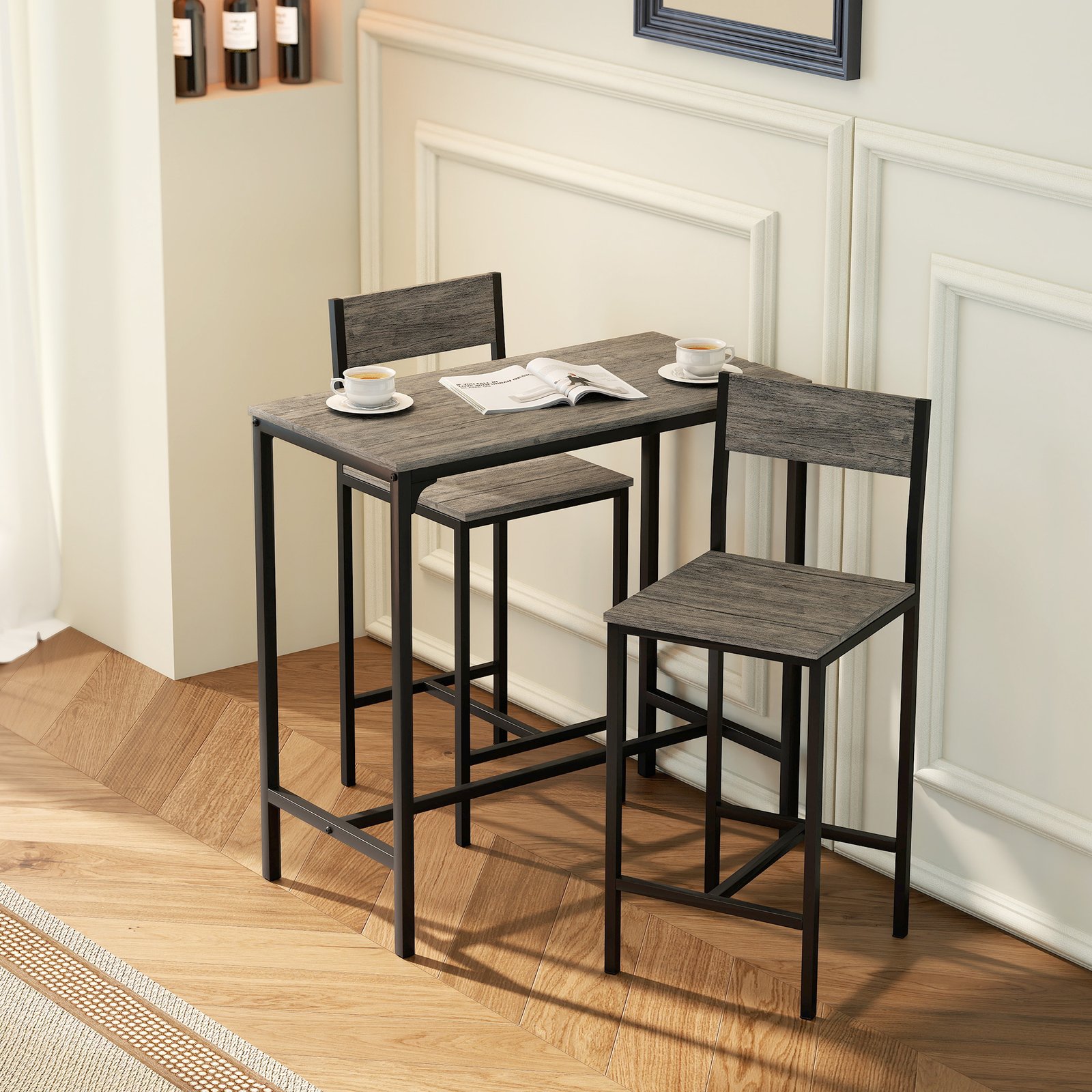 HOMCOM 3-Piece Bar Table Set with 2 Stools, Industrial Breakfast Bar Set with Footrest, Backrest for Dining Room, Small Space - Image 2