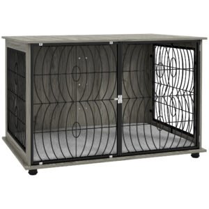PawHut 46.46'' Dog Crate Furniture End Table w/ Plush Washable Cushion, Lockable Door, for Extra Large Dogs