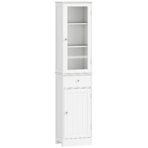 kleankin Bathroom Storage Cabinet with 3-tier Shelf Drawer Door, Floor Cabinet Free Standing Tall Slim Side Organizer Shelves, White