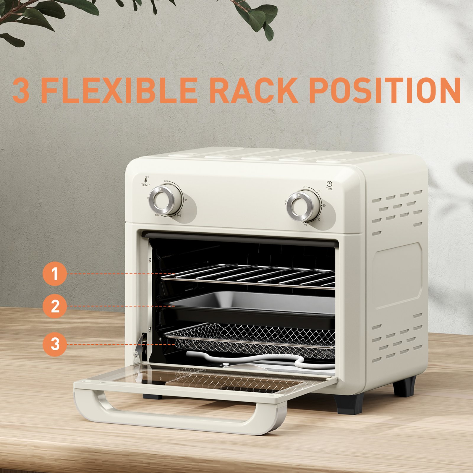 HOMCOM 10L Air Fryer Oven, Mini Oven, Oil Free Cooking, Grill, Roast, Bake, with Adjustable Temperature, Timer, Dishwasher Safe, 1000W, Cream White - Image 5
