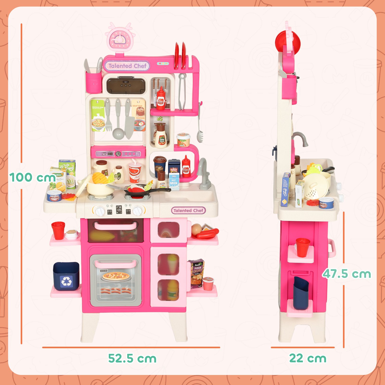 AIYAPLAY Pretend Play Kitchen Set with Realistic Lights & Sounds, 104PCS Toy Kitchen Accessories for Boys and Girls, Pink - Image 3