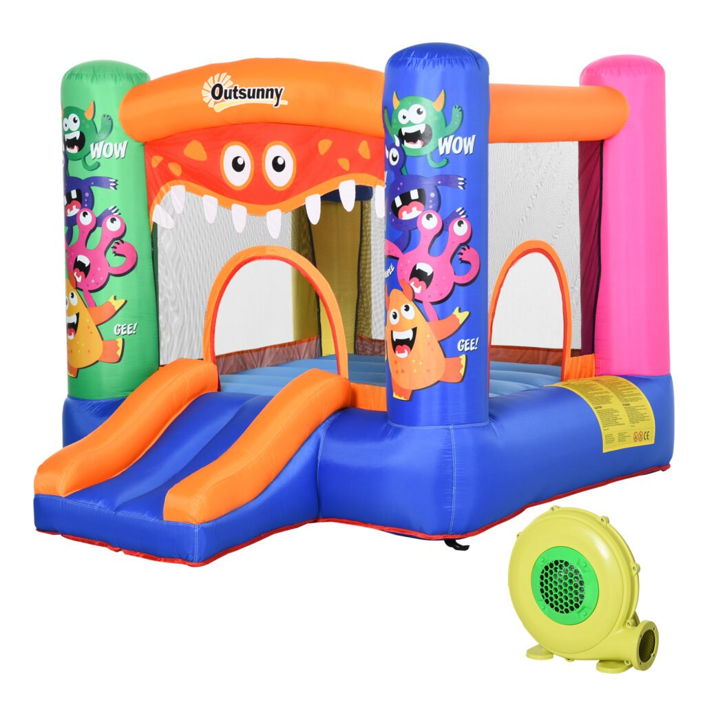 Outsunny Bouncy Castle Inflatable Basket Trampoline Slide Monster Design for Kids Age 3-8, Blue Outsunny Bouncy Castle Inflatable Basket Trampoline Slide Monster Design for Kids Age 3-8, Blue