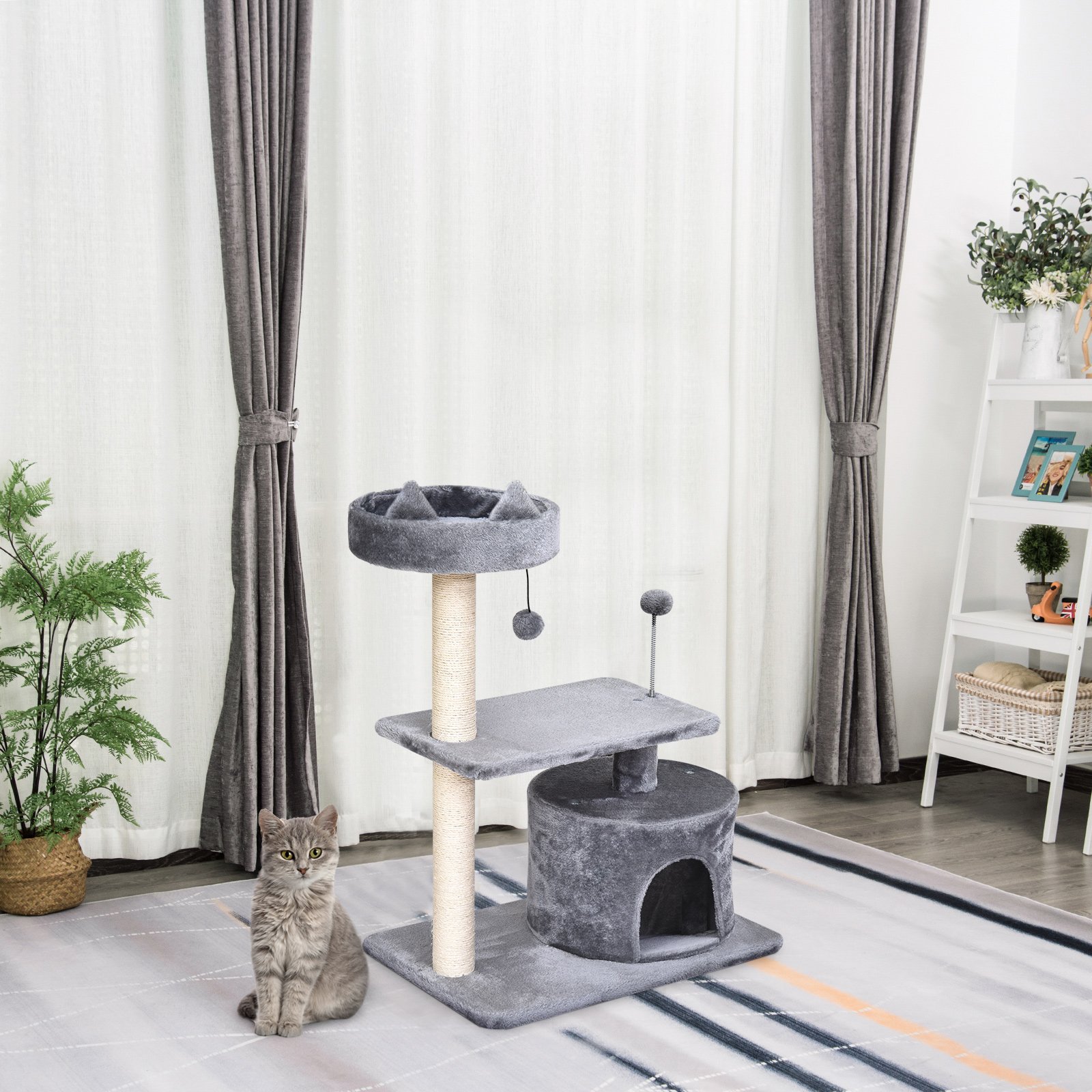 PawHut Cat Tree for Indoor Cats with Scratching Post Climbing Tower Kitty Activity Centre Condo Perch Jumping Platforms Grey 60L x 40W x 81H cm - Image 2