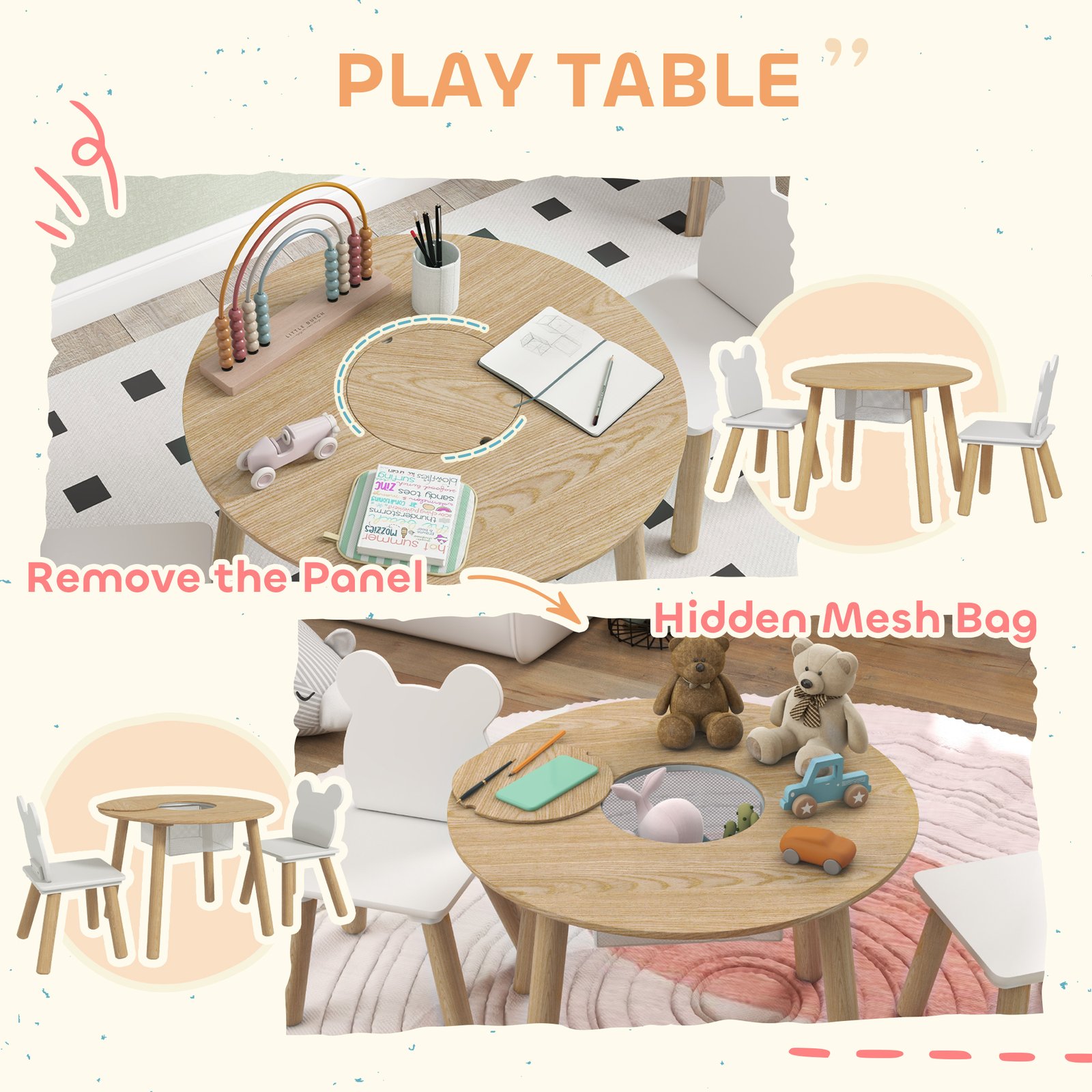 AIYAPLAY 3-Piece Kids Activity Table Set with Centre Mesh Bag, Bear-Shaped Backrest, for Arts and Crafts, Reading, Dining - Image 5