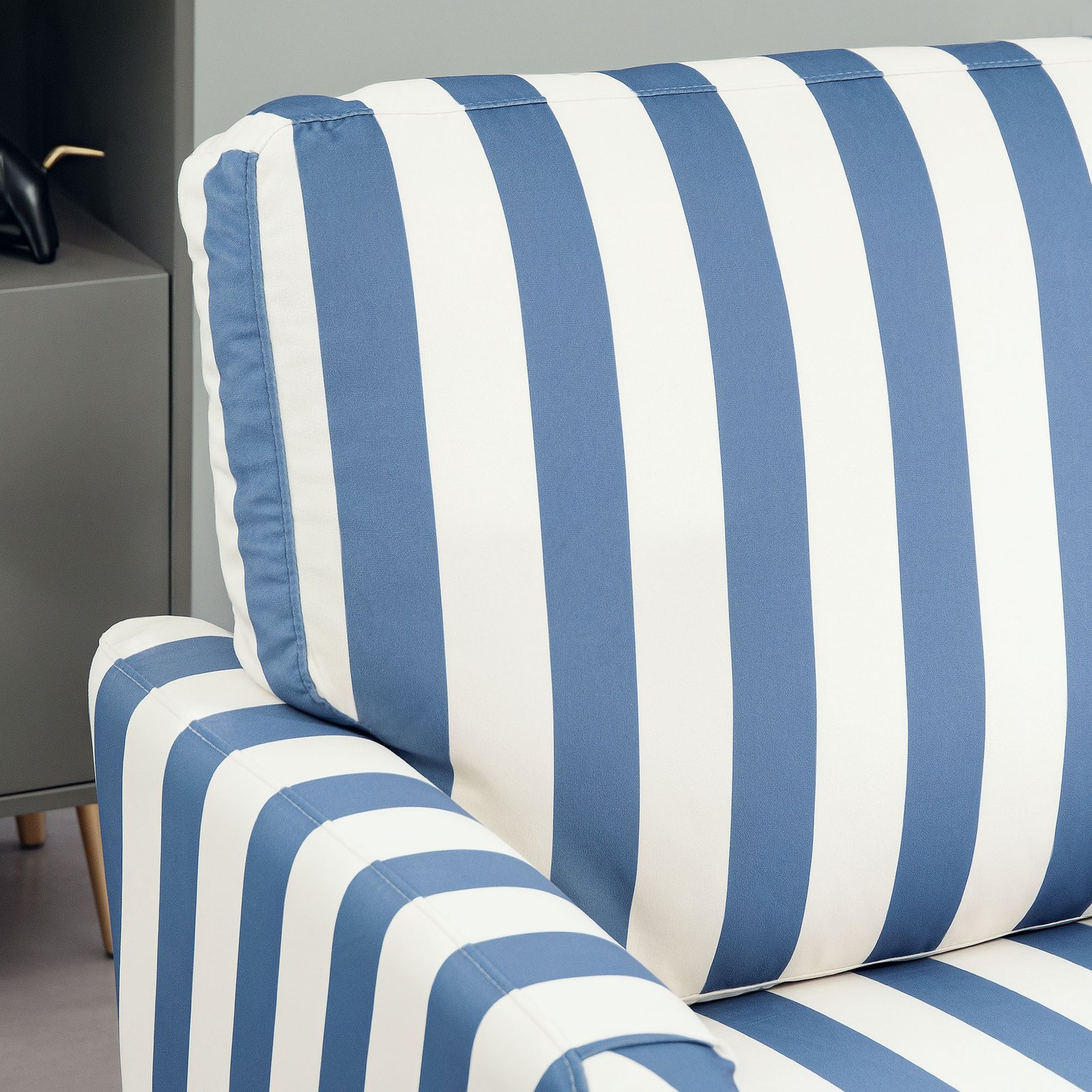 HOMCOM Modern Cuddle Chair, Velvet Single Sofa Armchair with Stripe, Turned Legs and Wide Seat, Upholstered Snuggle Chair for Living Room, Bedroom, Blue and White - Image 8