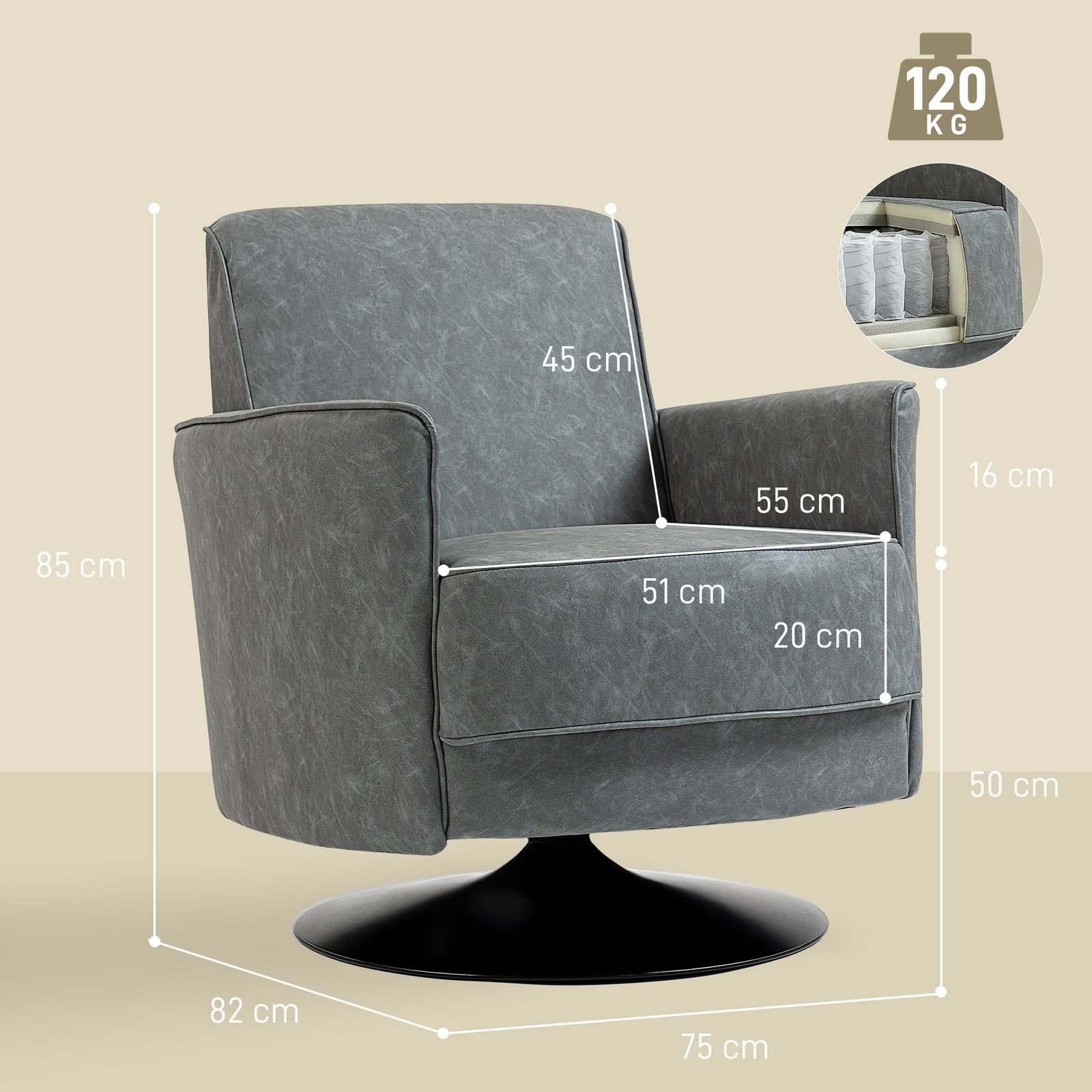 HOMCOM Upholstered Swivel Accent Chair with Thick Padding, Grey - Image 3