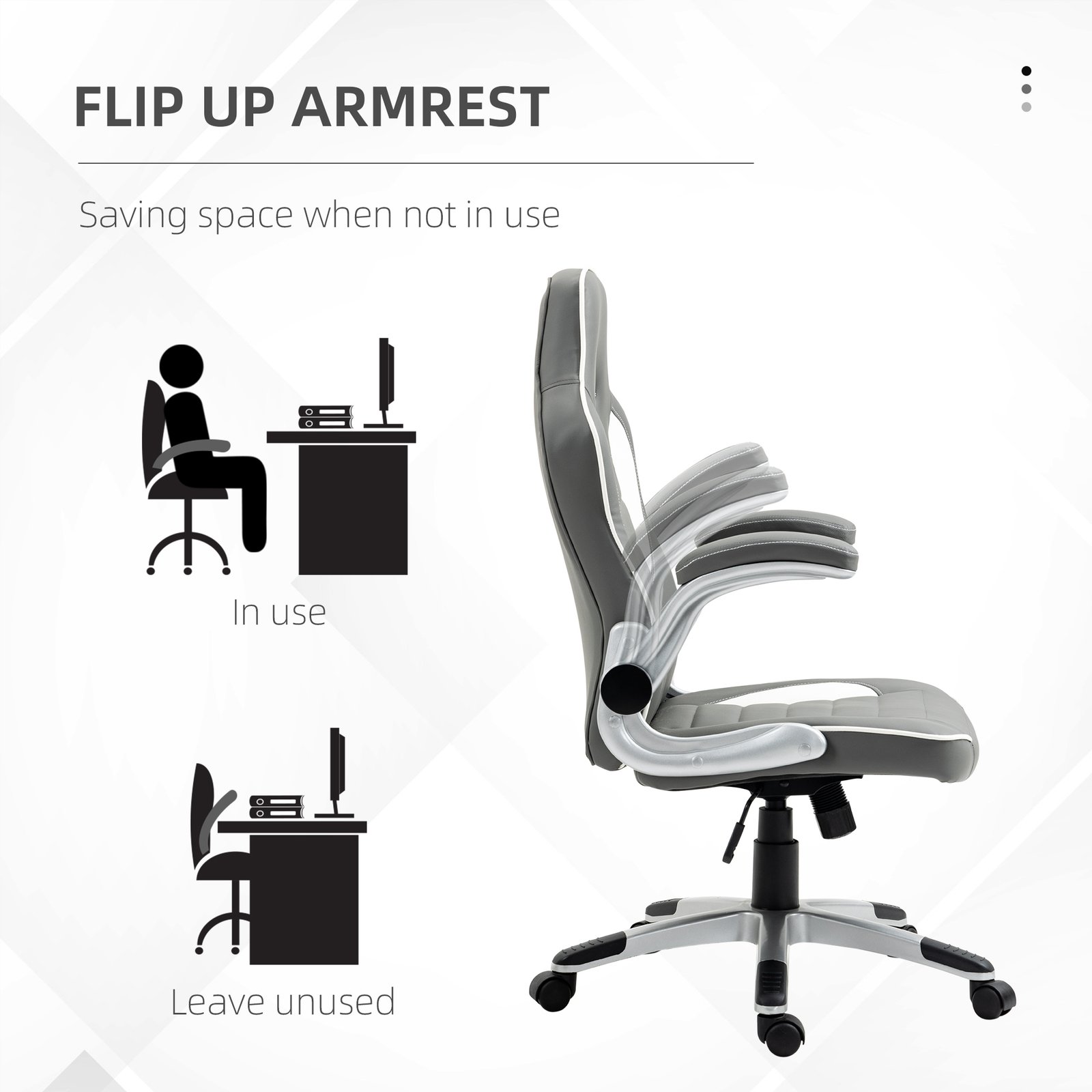 Vinsetto Computer Gaming Chair, Office Desk Swivel Chair, PU Leather Racing Chair with 90° Flip-up Armrest, Adjustable Height and Rolling Wheels, Grey - Image 6