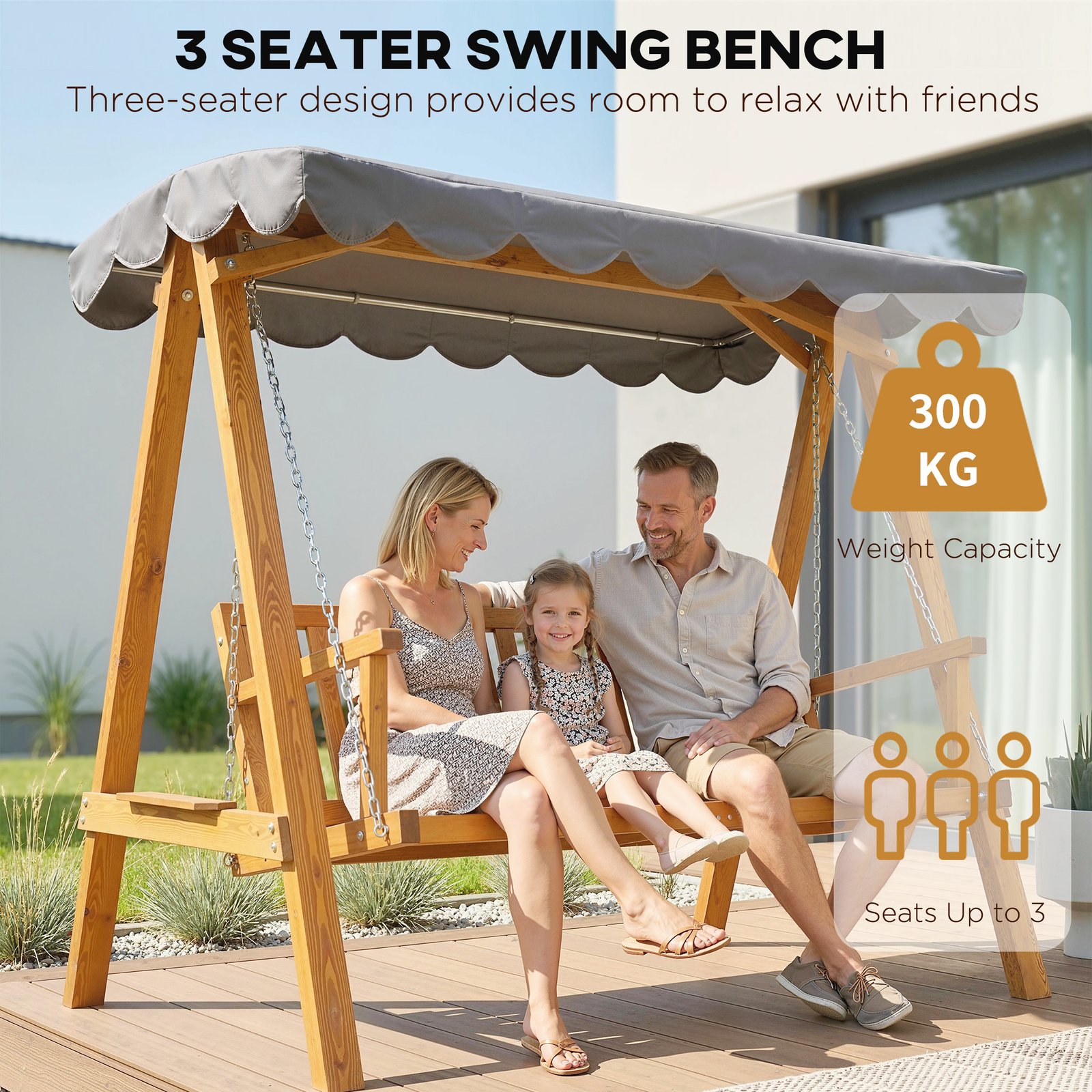 Outsunny 3 Seater Garden Swing Seat with Canopy, Wooden Swing Chair, Outdoor Hammock Bench for Balcony Patio Porch, Dark Grey - Image 6