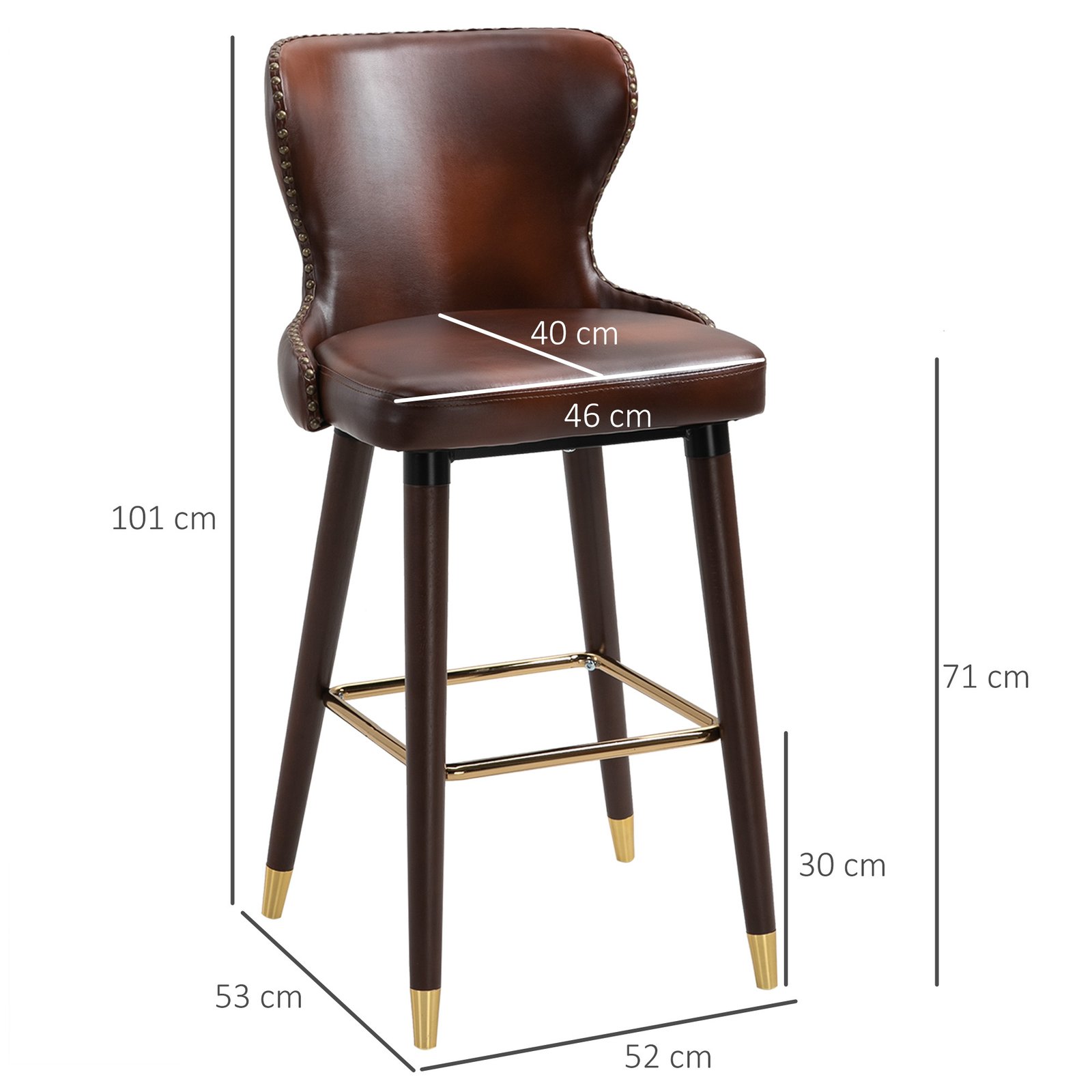 HOMCOM Bar Stools Set of 2, PU Leather Barstools with Back, Footrest and Wood Legs for Kitchen, Counter, Breakfast Bar, Brown - Image 3