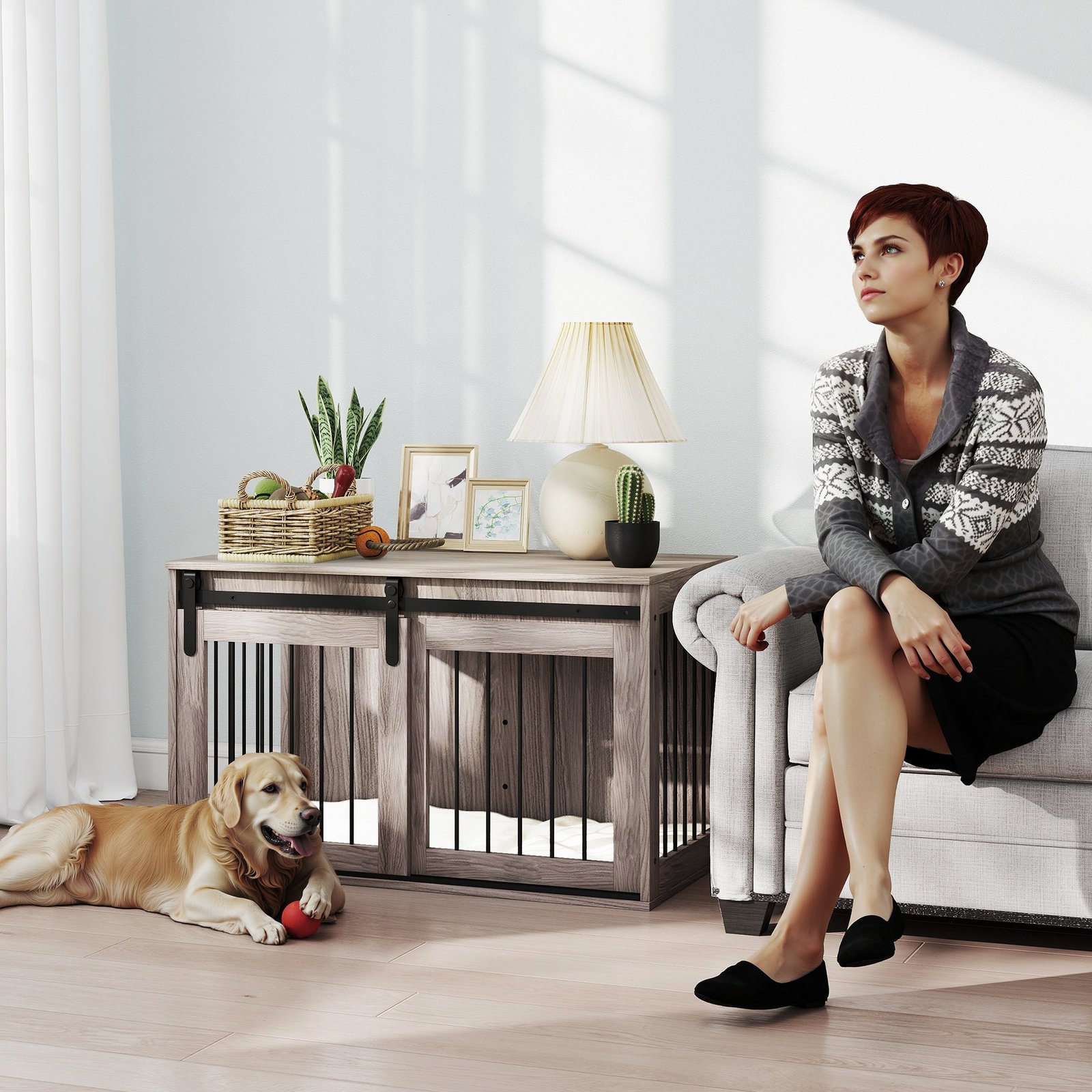 PawHut 98cm Dog Crate Furniture with Removable Cushion for Large Dogs - Brown - Image 2