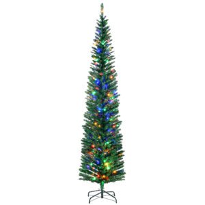HOMCOM 7.5' Artificial Prelit Christmas Trees Holiday Décor with Colourful LED Lights, Pencil Shape, Steel Base