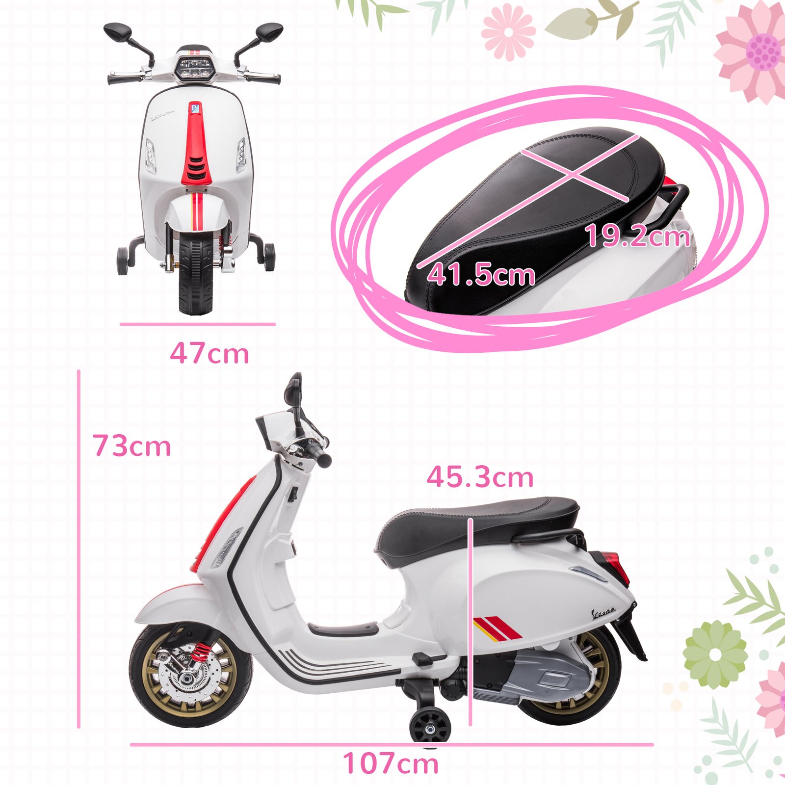 AIYAPLAY 12V Vespa Licensed Kids Electric Motorbike w/ Music, Lights, FM Radio, for 3-6 Years - White - Image 3