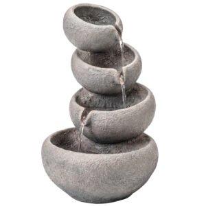 Outsunny 4-Tier Water Fountain Outdoor, Garden Water Feature with LED Lights and Pump, Freestanding Resin Waterfall for Patio