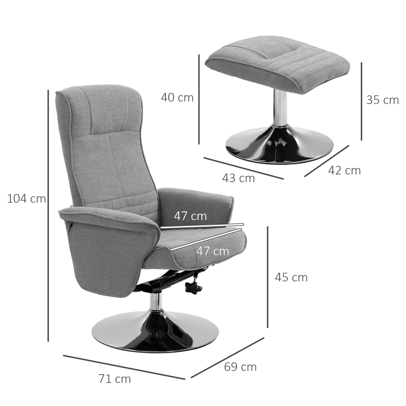 HOMCOM Swivel Recliner Chair with Footstool, Velvet Recliner Armchair with Ottoman, Steel Base, Upholstered Reclining Chair for Living Room, Bedroom, Office, Grey - Image 3