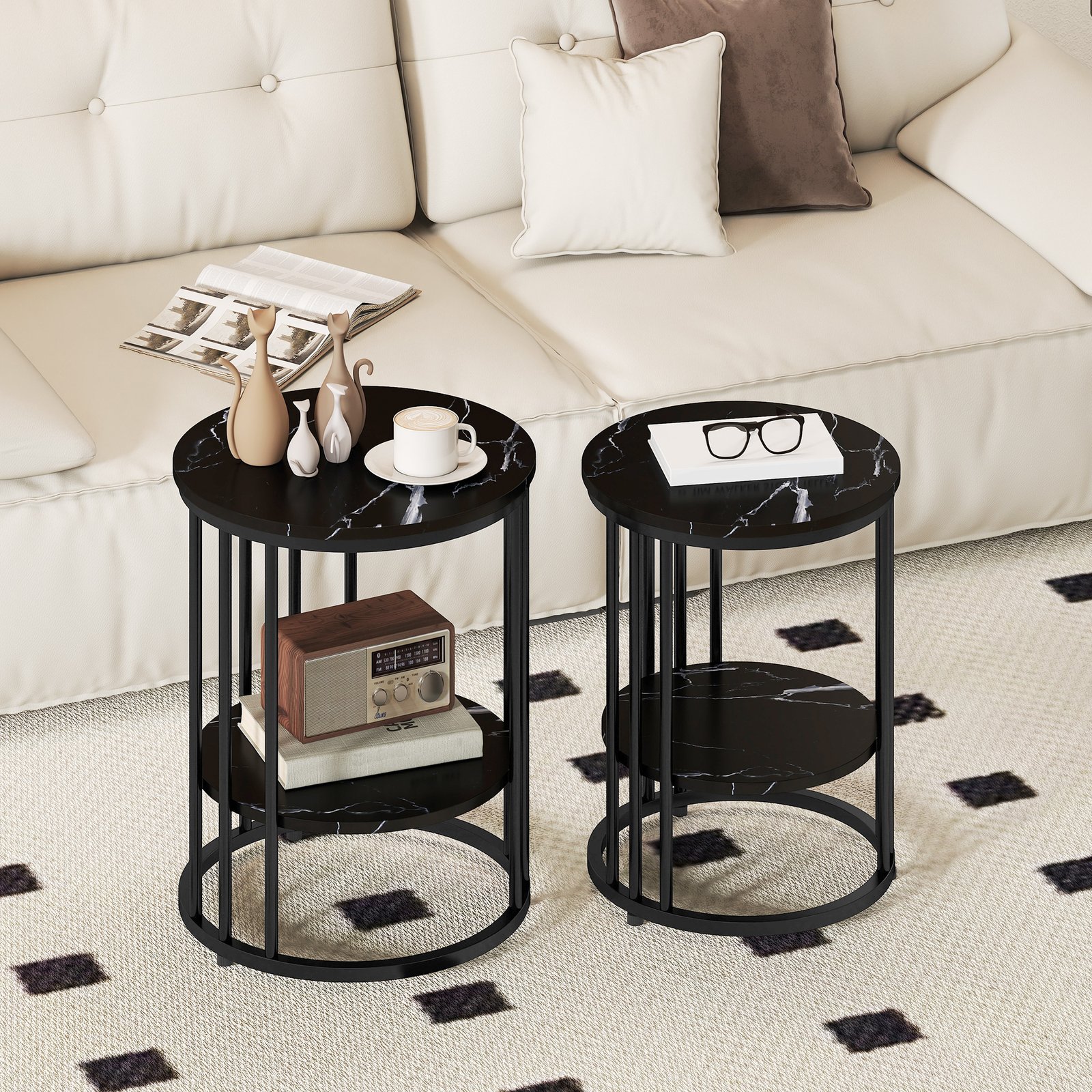 HOMCOM Set of Two Marble-Effect Coffee Tables - Black - Image 2