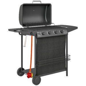 Outsunny 4+1 Burner Gas BBQ Grill, Portable Gas Barbecue Grill with Built-in Thermometer, Lid, Side Table, Shelf, Spice Rack, Wheels, Grease Cup for Garden Party Outdoor Cooking, Black