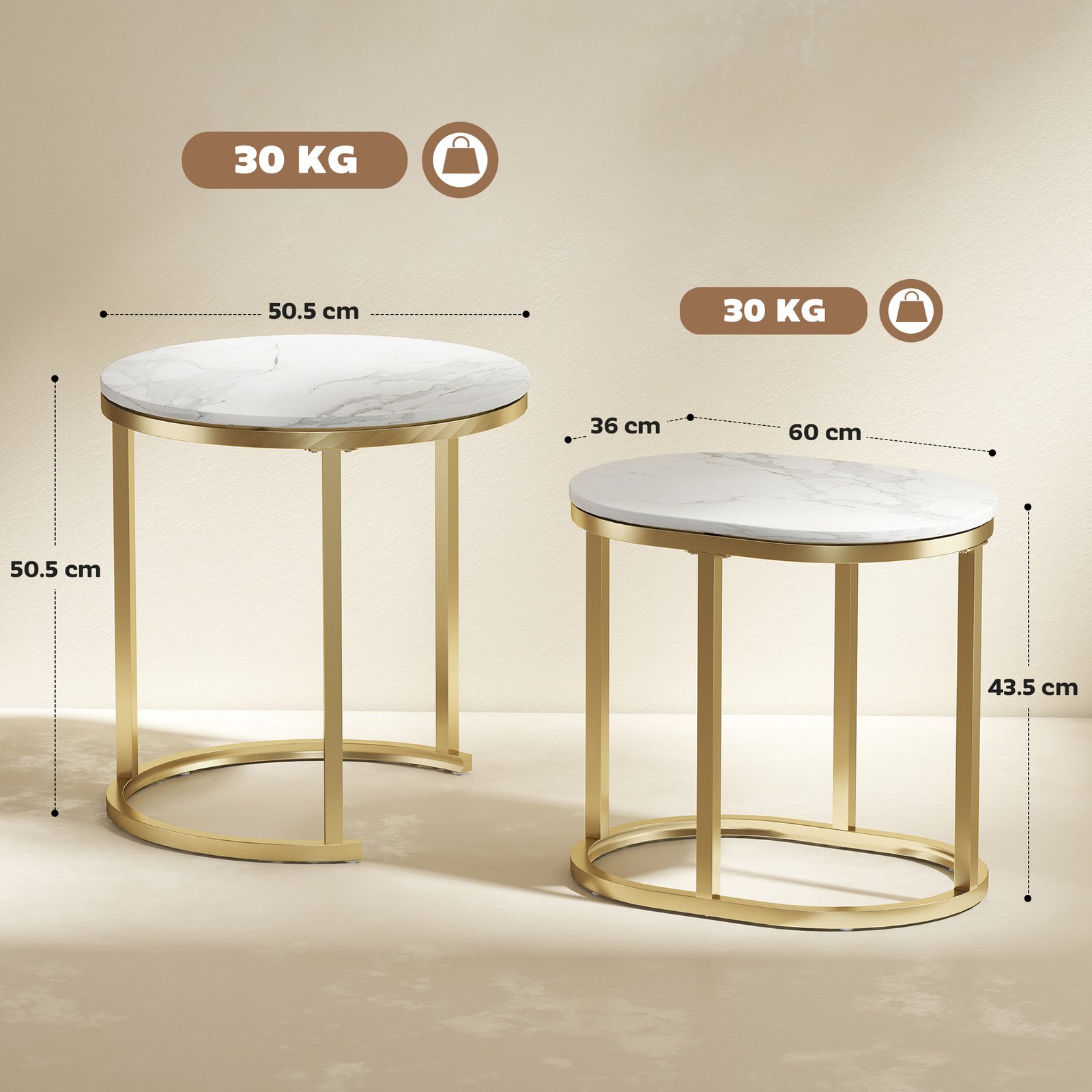 HOMCOM Marble-Effect Nest of Tables - Gold Tone/White - Image 3
