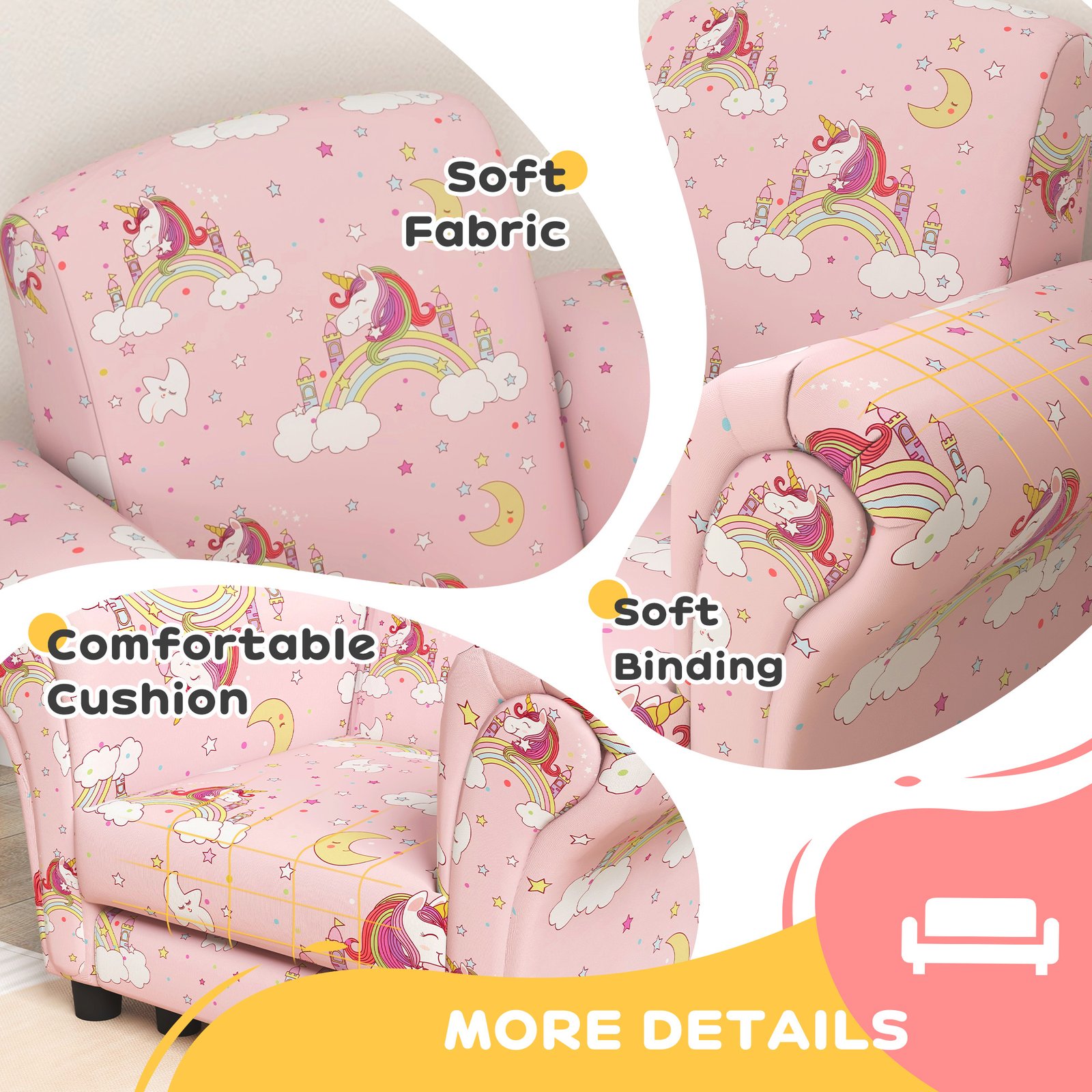 AIYAPLAY 2 Piece Kids Sofa Set with Unicorn Design, Wooden Frame, for 1.5-3 Years Old, Pink - Image 6
