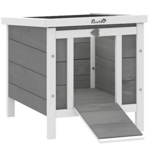 PawHut Wooden Rabbit Hutch Outdoor, Guinea Pig Hutch, Rabbit Hideaway, Cat House, Bunny Cage Small Animal House with Openable Roof, 51 x 42 x 43 cm, Grey