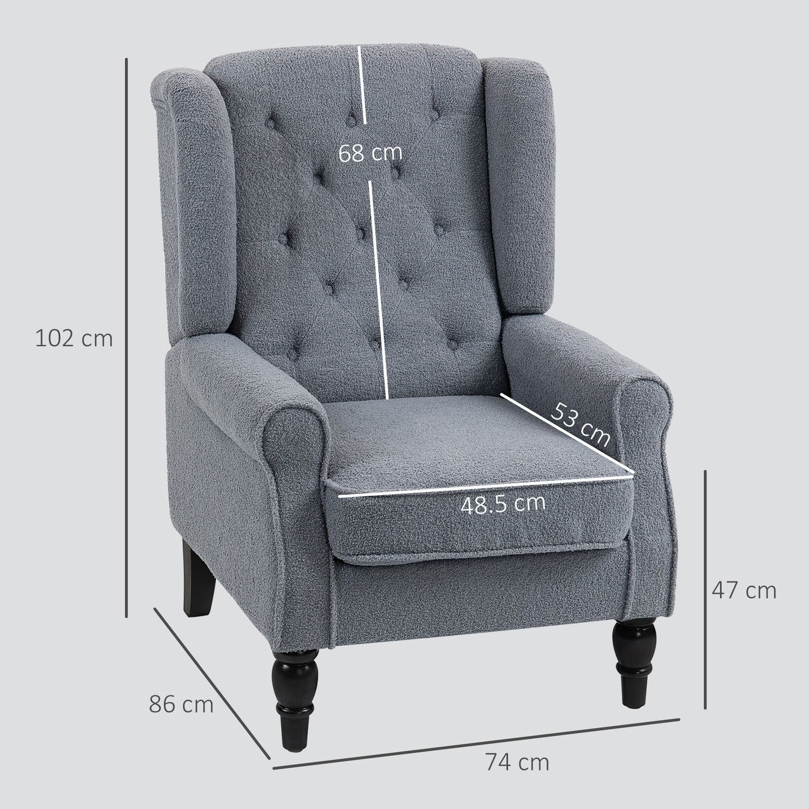 HOMCOM Wingback Accent Chair, Retro Upholstered Button Tufted Occasional Chair for Living Room and Bedroom, Grey - Image 4