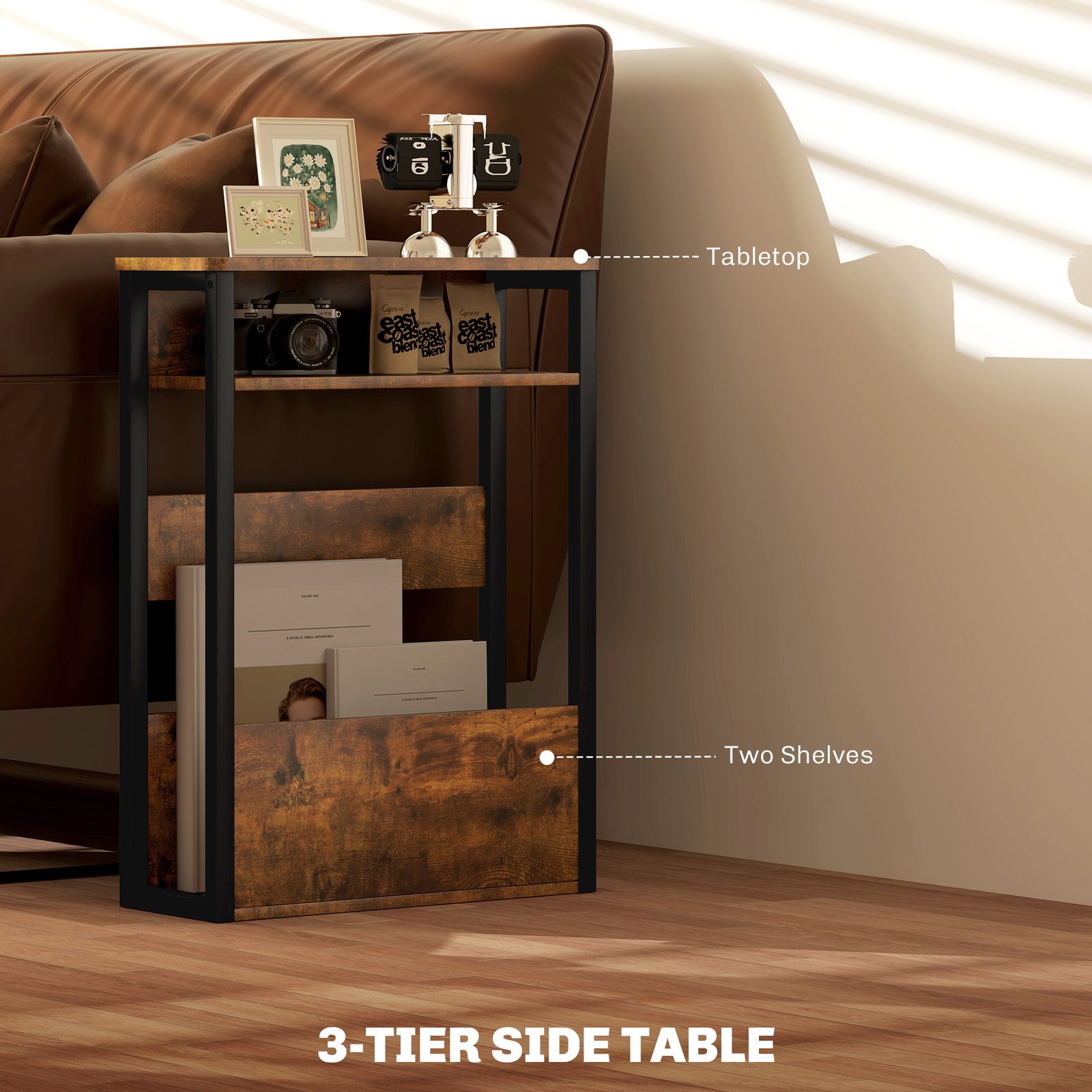 HOMCOM Industrial-Style Side Table - Black/Brown - Image 4