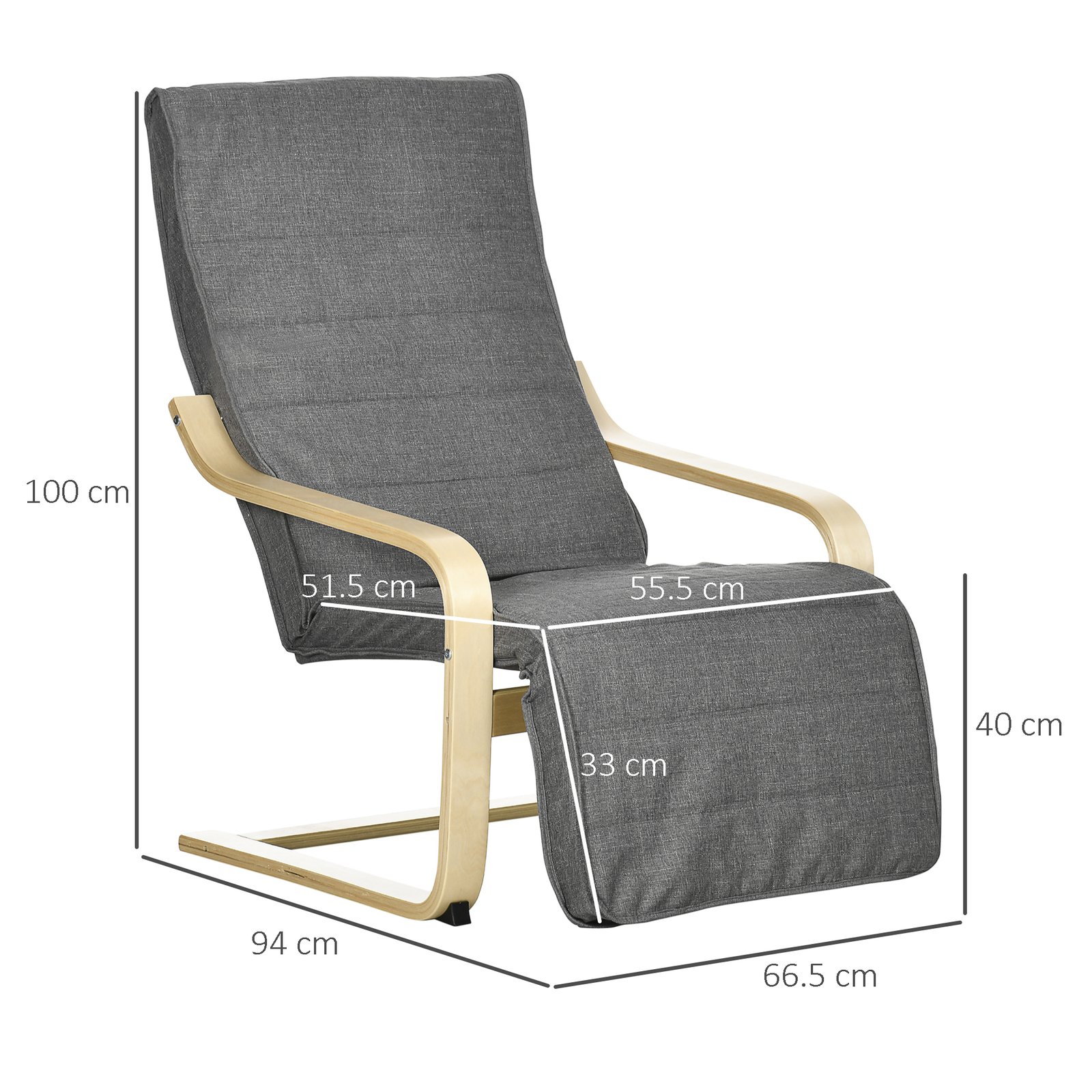 HOMCOM Wooden Armchair, Upholstered Linen Lounge Chair with Adjustable Footrest & Removable Cushion, Poang Chair for Living Room, Dark Grey - Image 3