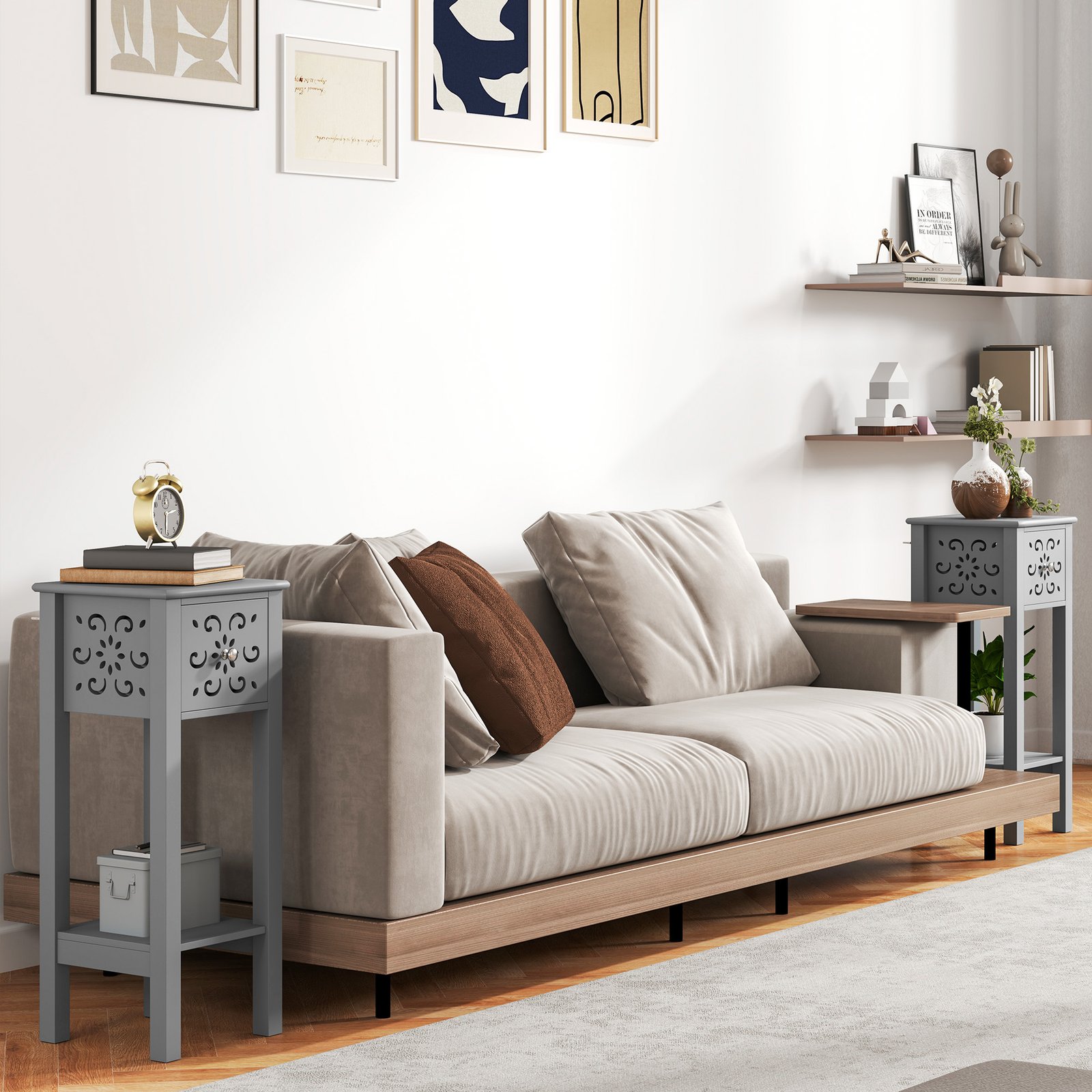 HOMCOM Set of Two Elegant Floral Cut-Out Side Tables - Grey - Image 2