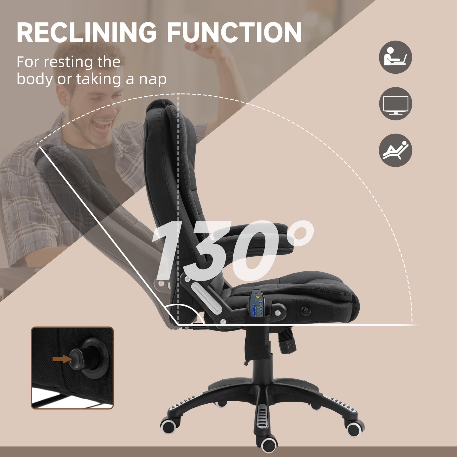 Vinsetto Massage Recliner Chair Heated Office Chair with Six Massage Points Linen-Feel Fabric 360° Swivel Wheels Black - Image 7