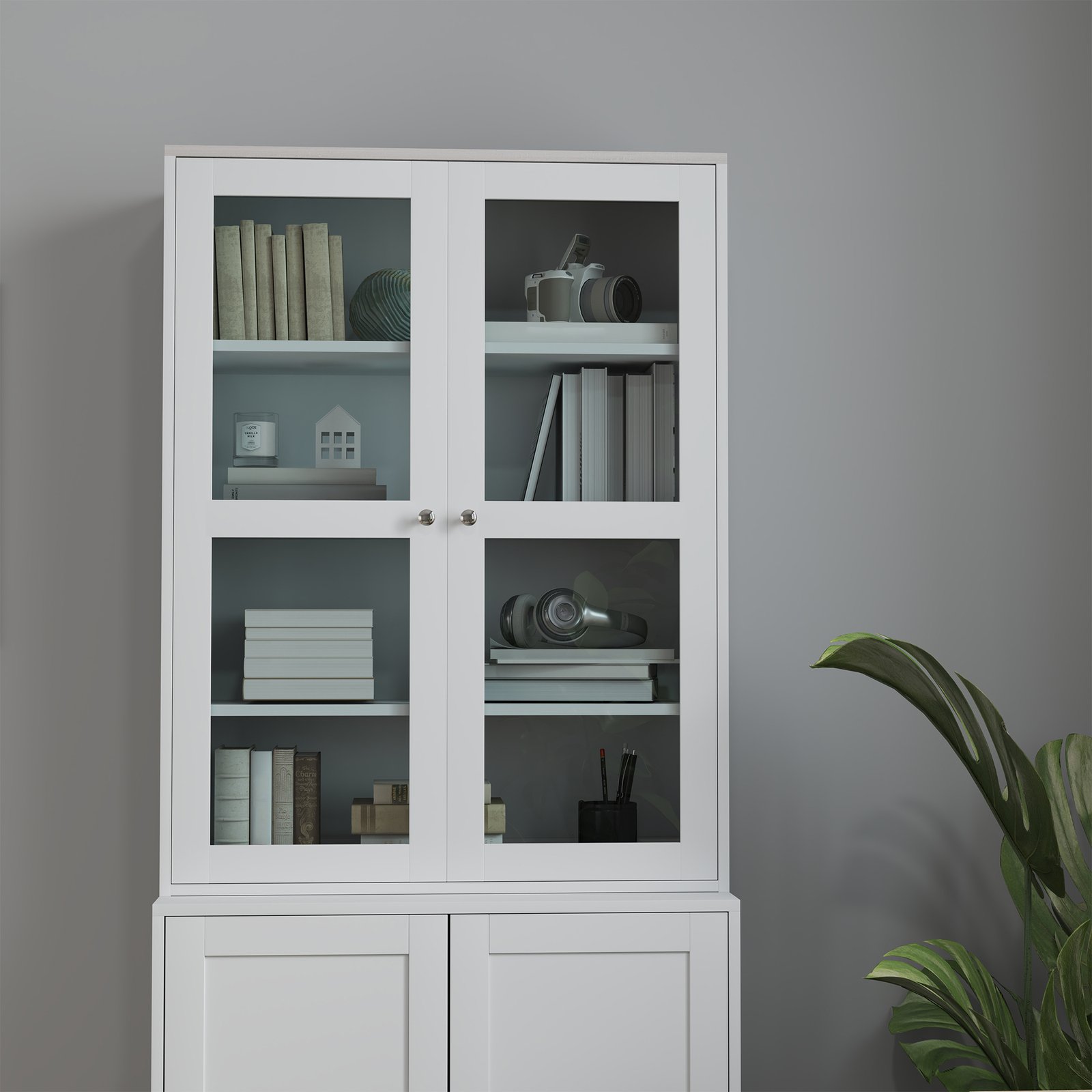 HOMCOM Double Storage Display Cabinet with Adjustable Shelves, MDF - White - Image 9