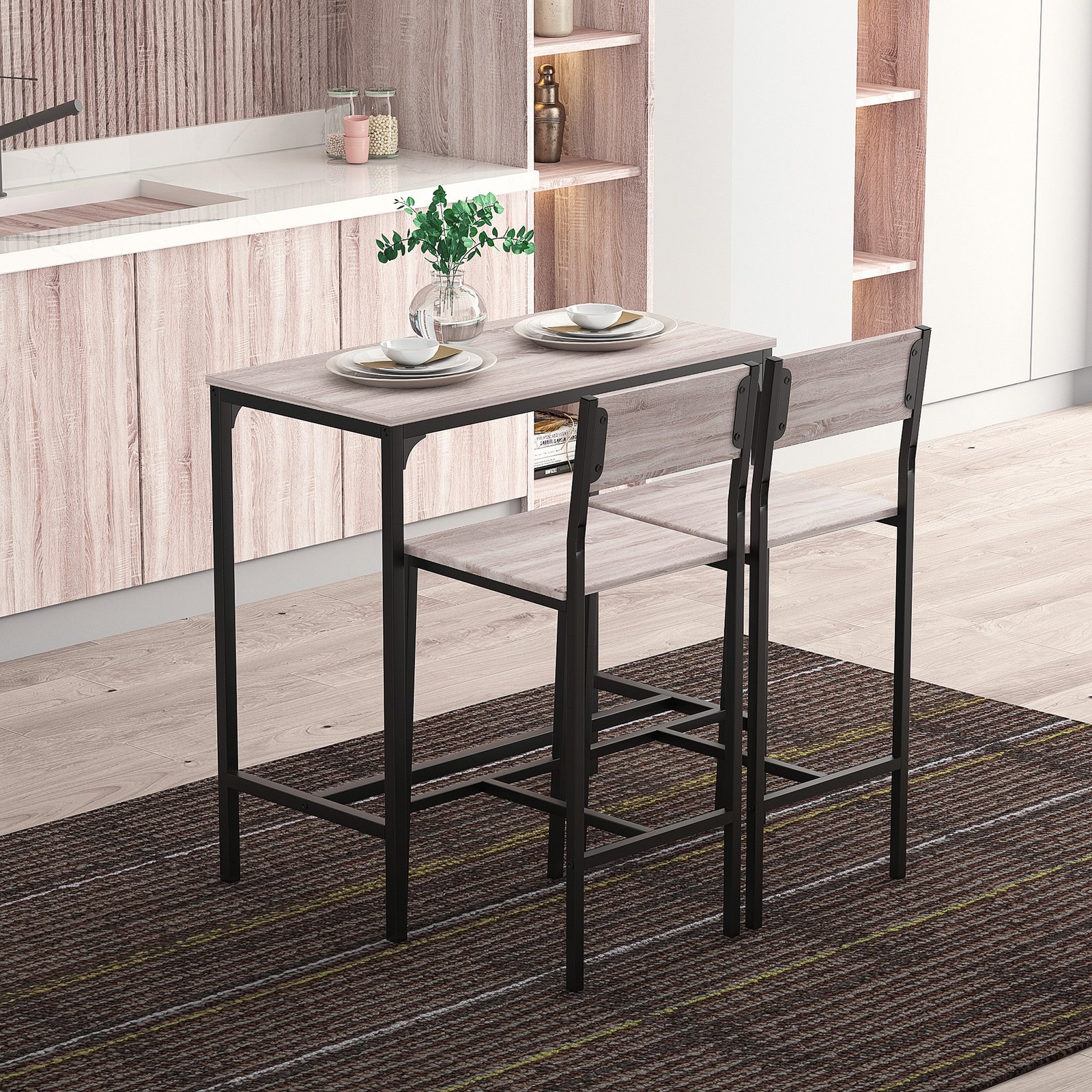 HOMCOM 3-Piece Bar Table Set with 2 Stools, Industrial Breakfast Bar Set with Footrest, Backrest for Dining Room, Small Space - Image 8