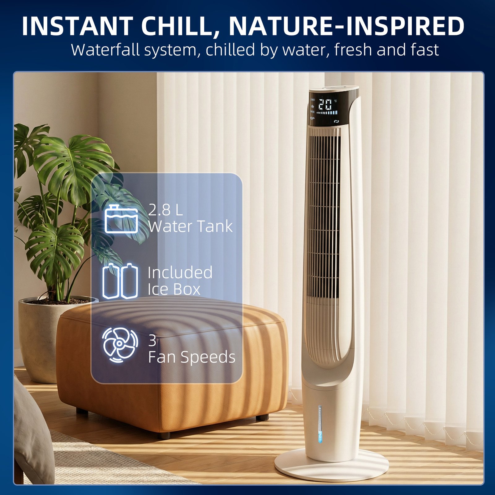 HOMCOM Air Cooler with LED Display and Remote Control, Oscillating Ice Cooling Fan with 3 Speeds, 4 Modes, 12 Hour Timer, White - Image 6