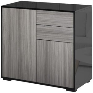 HOMCOM High Gloss Frame Sideboard, Push-Open Design with 2 Drawer for Living Room, Bedroom, 74H x 79W x 36Dcm, Light Grey and Black