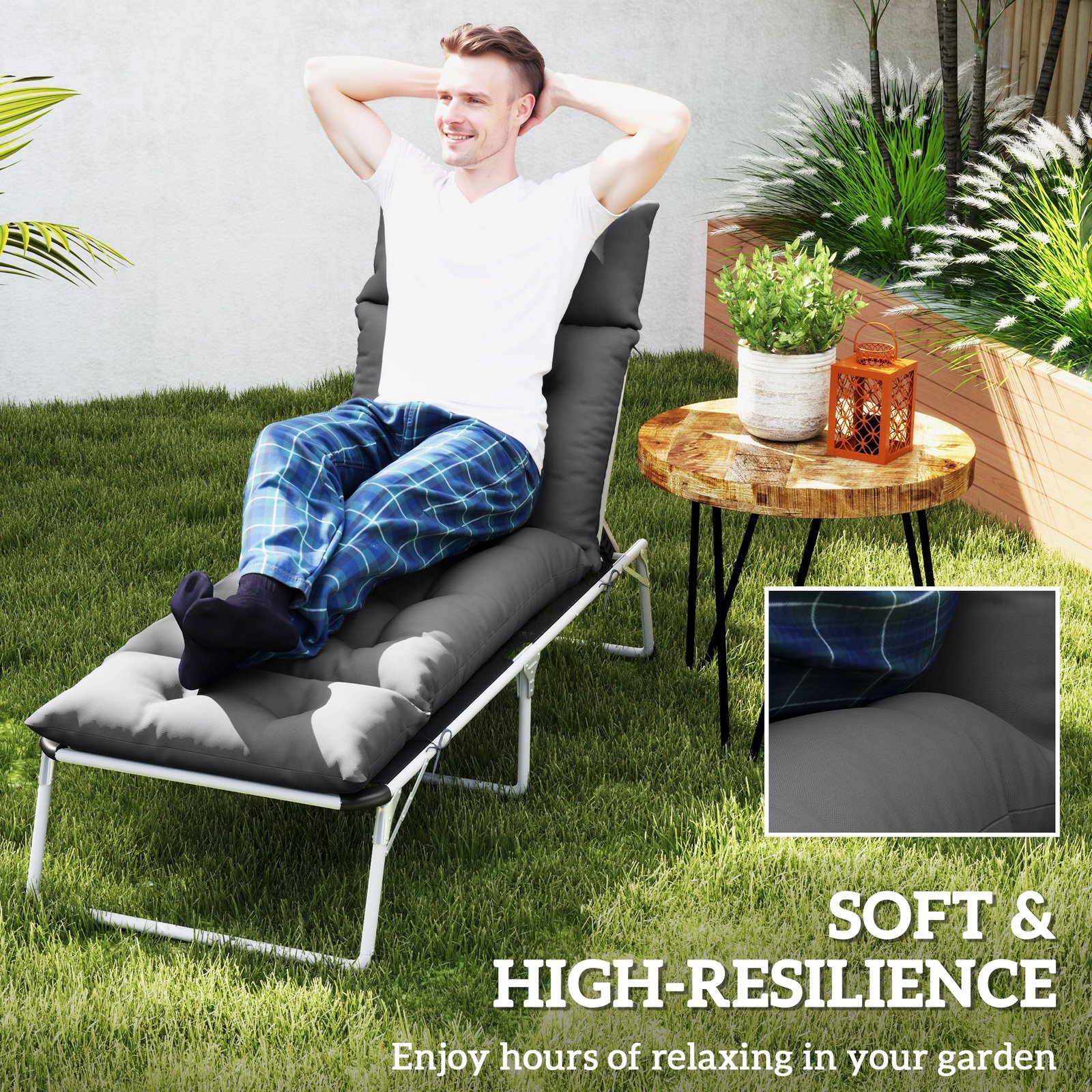 Outsunny Sun Lounger Cushions Only, 190x56x10cm Garden Lounge Chair Cushions, UPF20+ 220gsm Fabric, Thick Sunbed Replacement Pads with 6 Ties, Dark Grey - Image 5