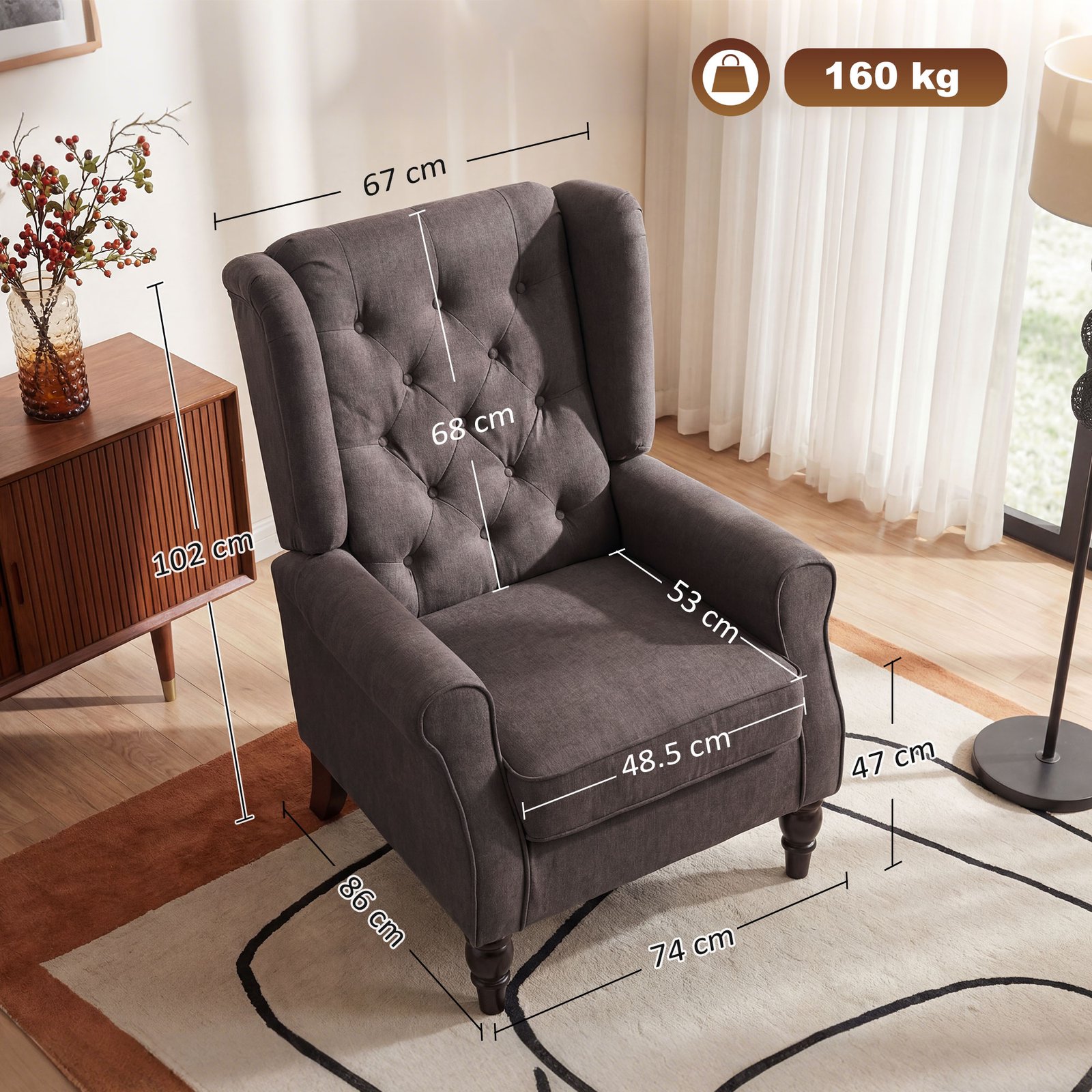 HOMCOM Wingback Accent Chair, Retro Upholstered Button Tufted Occasional Chair for Living Room and Bedroom, Brown - Image 3
