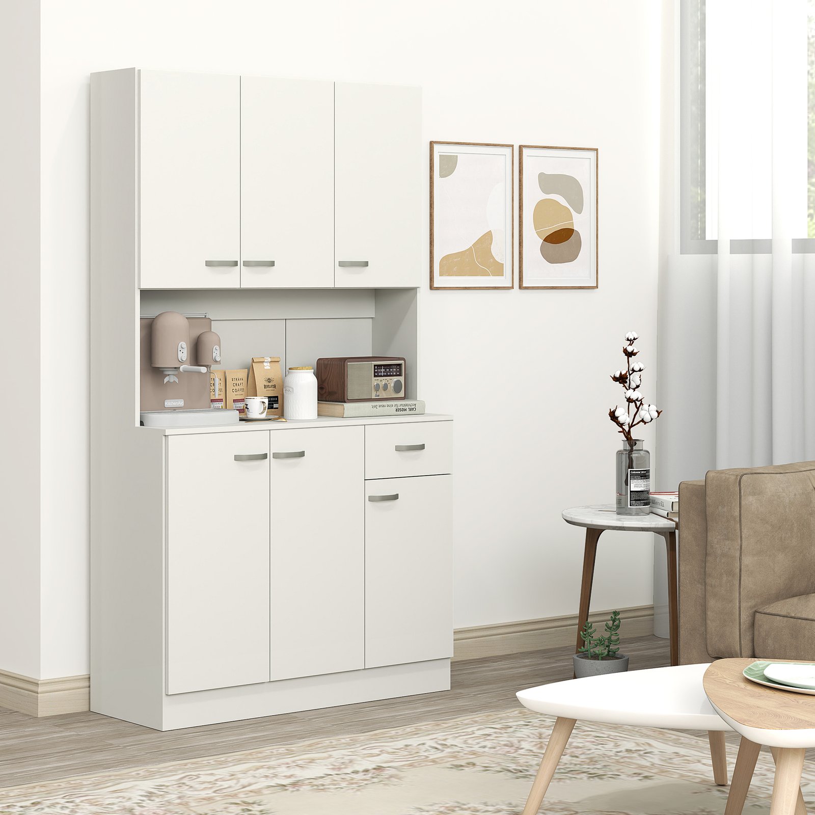 HOMCOM Freestanding Kitchen Pantry Storage Cabinet with Adjustable Shelves & Middle Worktop - White - Image 7