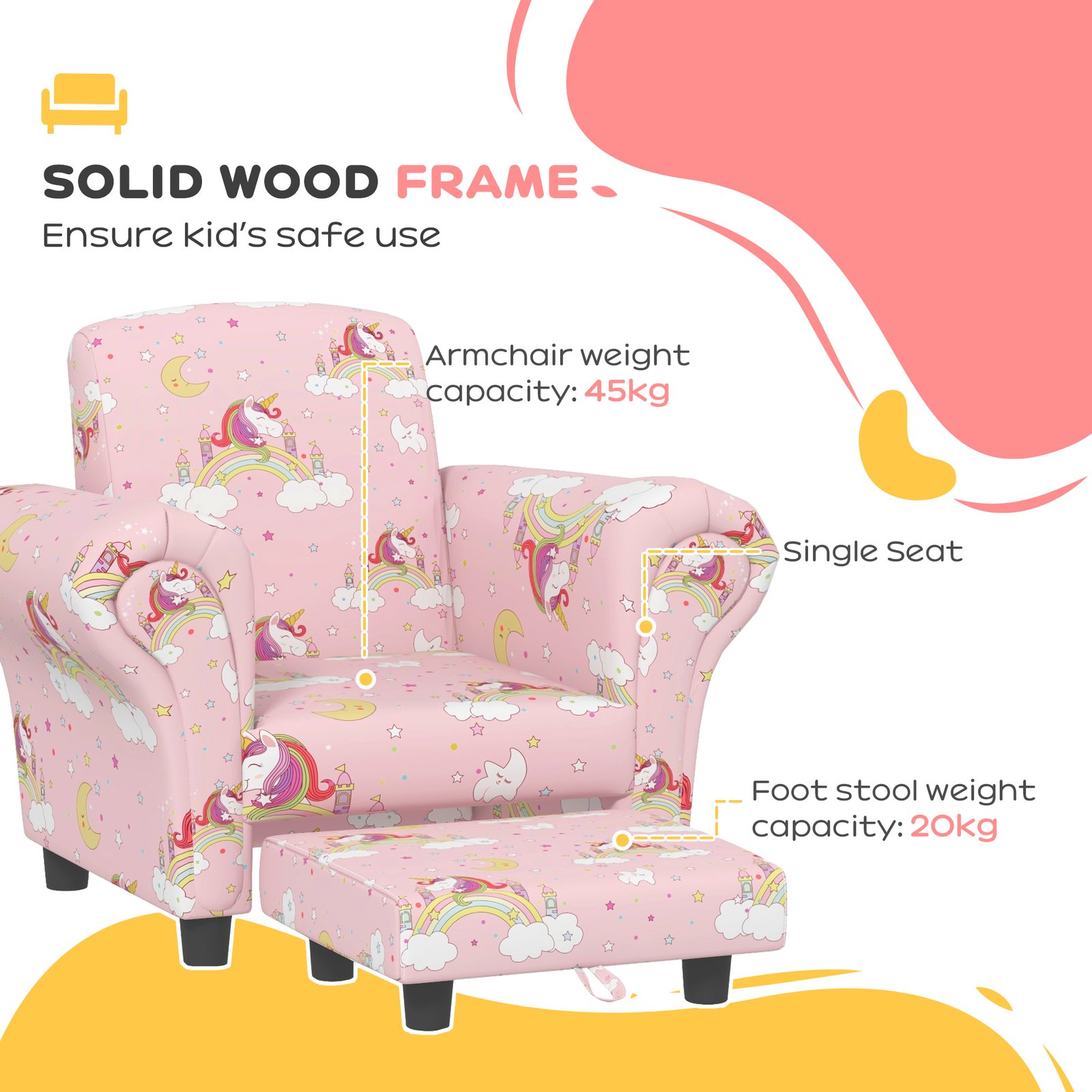 AIYAPLAY 2 Piece Kids Sofa Set with Unicorn Design, Wooden Frame, for 1.5-3 Years Old, Pink - Image 5