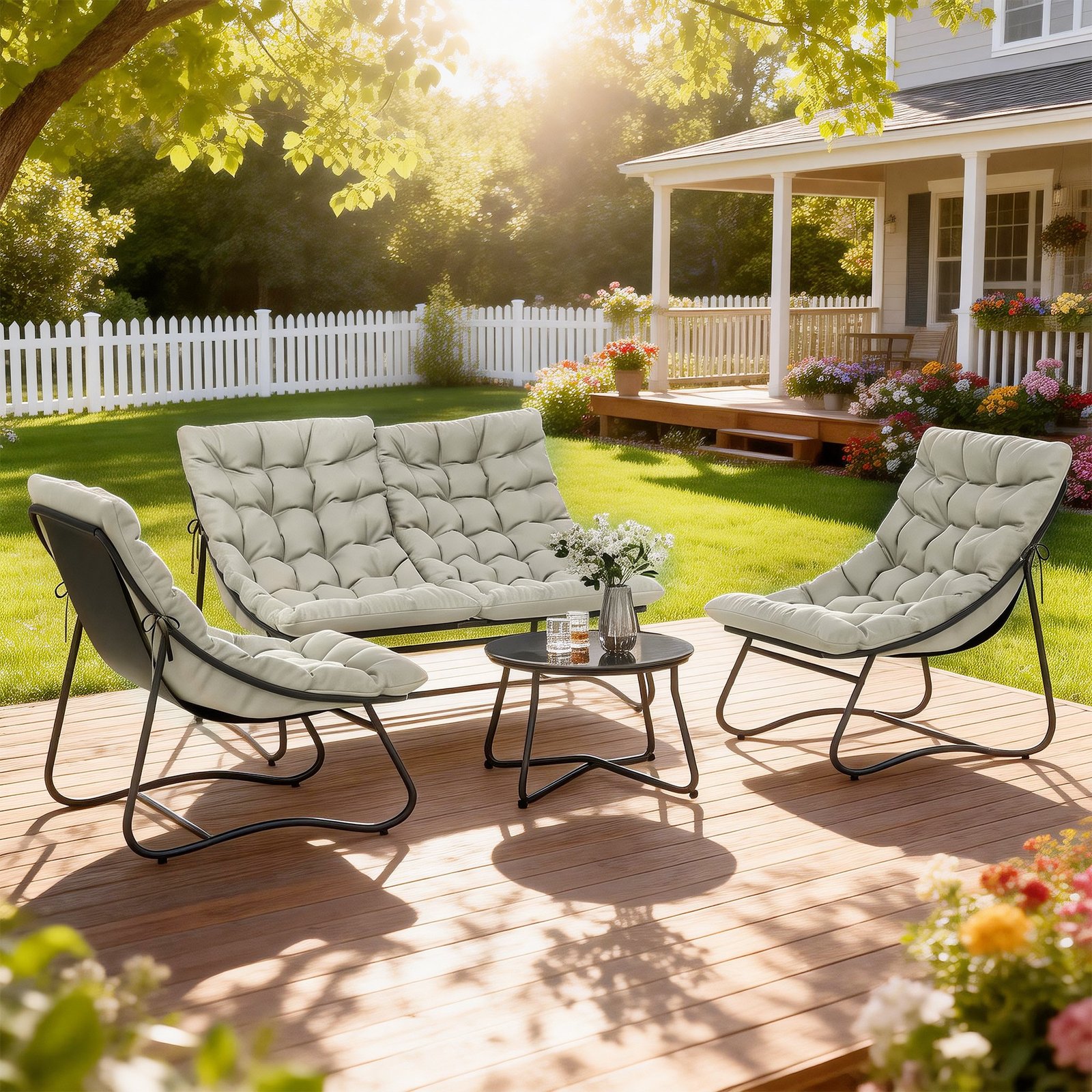 Outsunny 4 Seater Garden Furniture Set, Conversation Set with Loveseat Sofa, Chairs, Glass Coffee Table, Thick Cushions, Steel Outdoor Sofa for Balcony, Poolside, Conservatory, Light Grey - Image 8