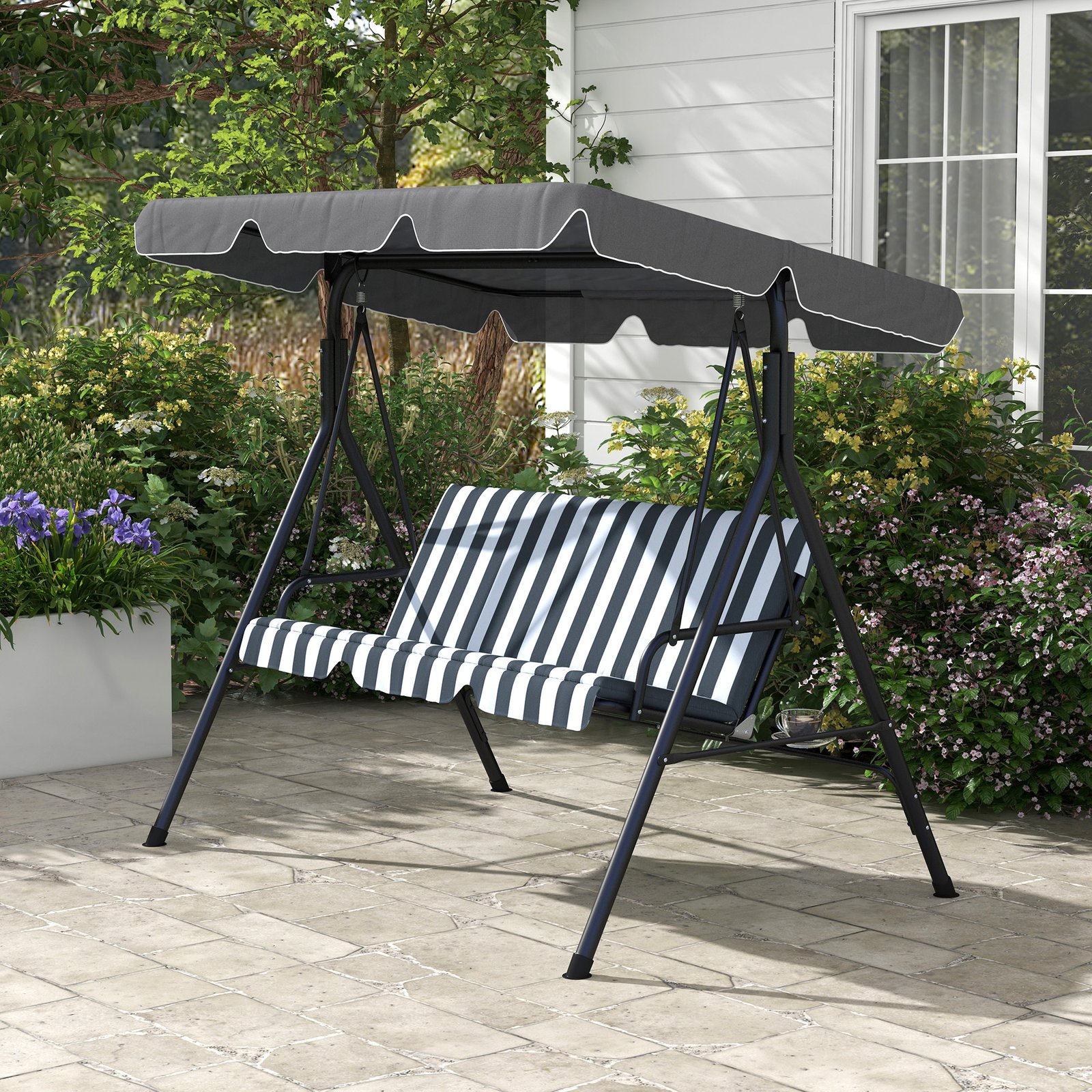 Outsunny 3 Seater Garden Swing Chair, Outdoor Swing Chair with Adjustable Canopy, Mental Frame & Cushions, Grey - Image 9
