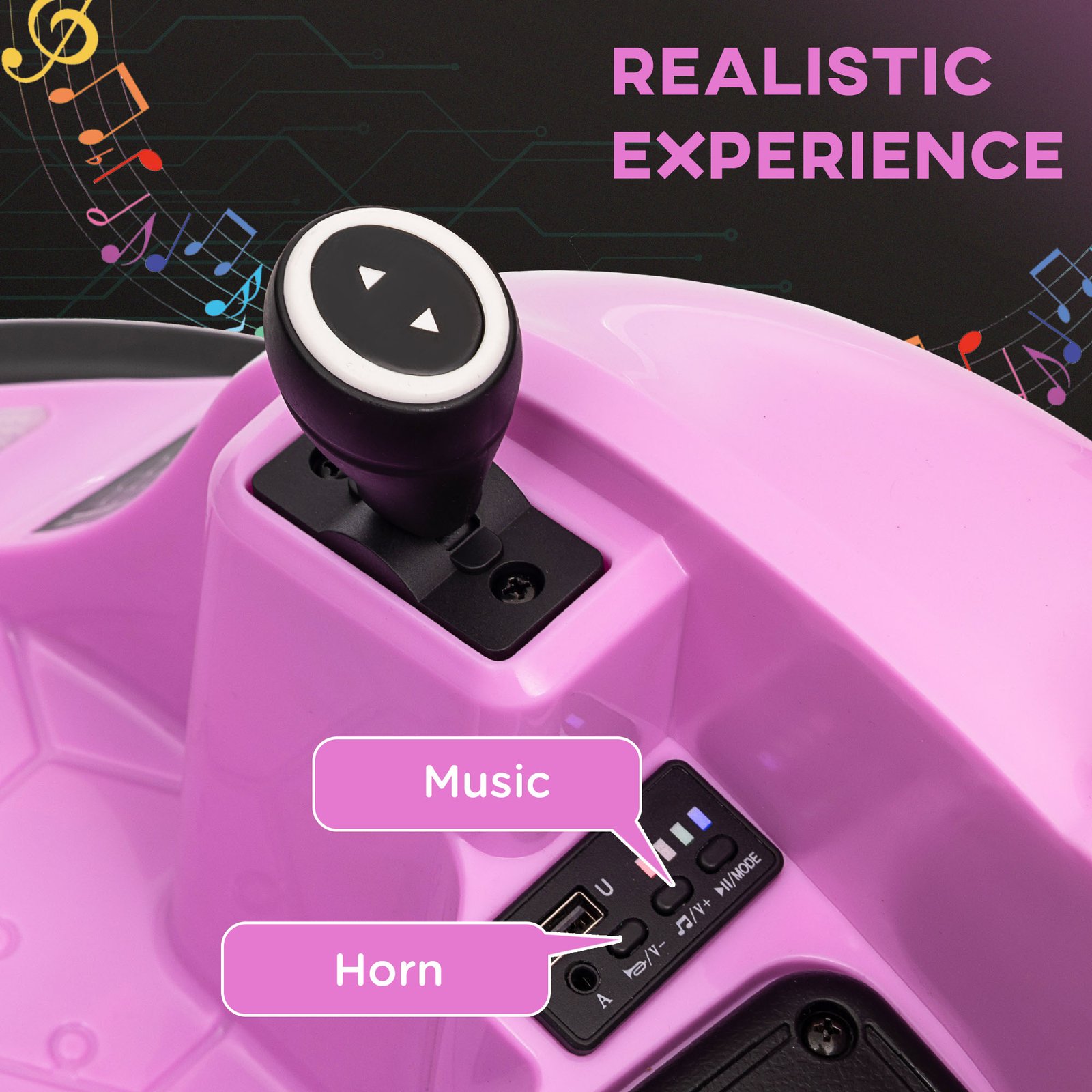 AIYAPLAY 360° Rotation Kids Bumper Car, 12V Waltz Car with Remote Control, Dual Joystick, Music, Lights, Pink - Image 5