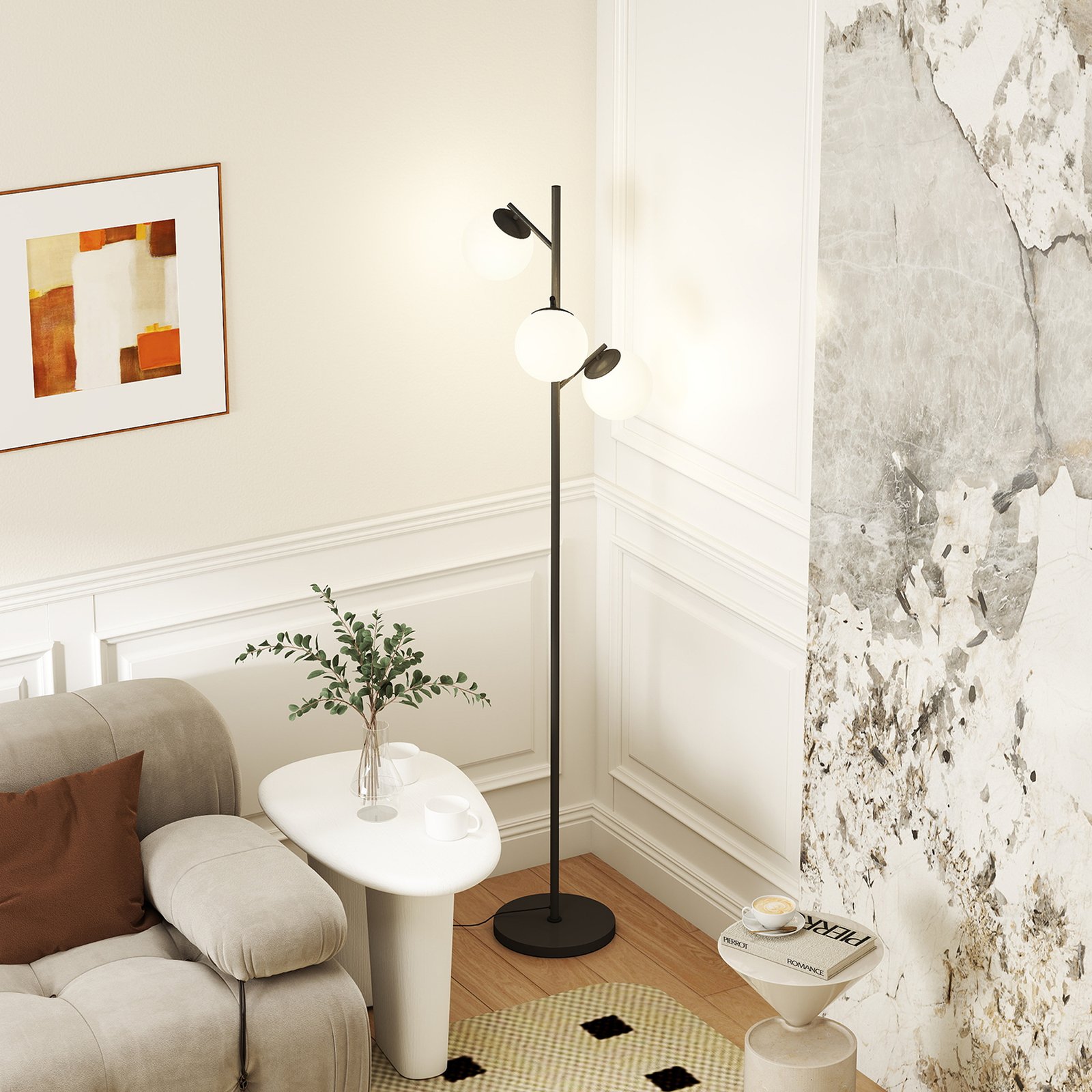HOMCOM 3-Light Tree Floor Lamps for Living Room, Modern Standing Lamp for Bedroom with Globe Lampshade, Steel Base, Bulb not Included, Black - Image 9