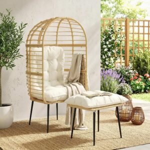 Outsunny Garden Egg Chair with Footstool, Rattan Indoor Outdoor Lounge Chair and Ottoman Set with Thick Cushions, Beige