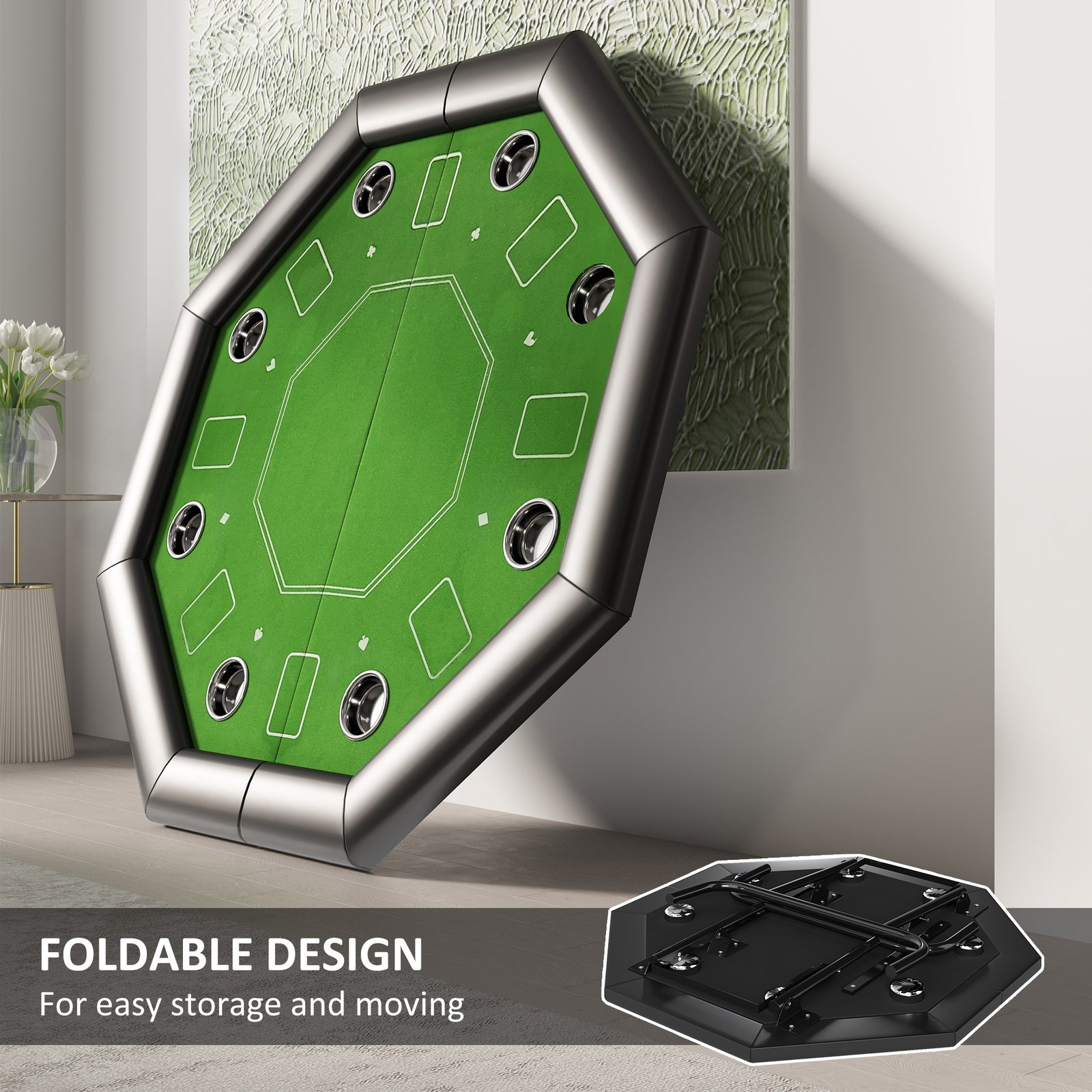 SPORTNOW 8 Player Folding Poker Table, Portable Octagon Blackjack Table with Cup Holders, Padded Edge, Green - Image 4