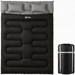 Outsunny Double Sleeping Bag with 2 Pillows, 220 x 160 cm Extra-Large Sleeping Bag for Adults, Black