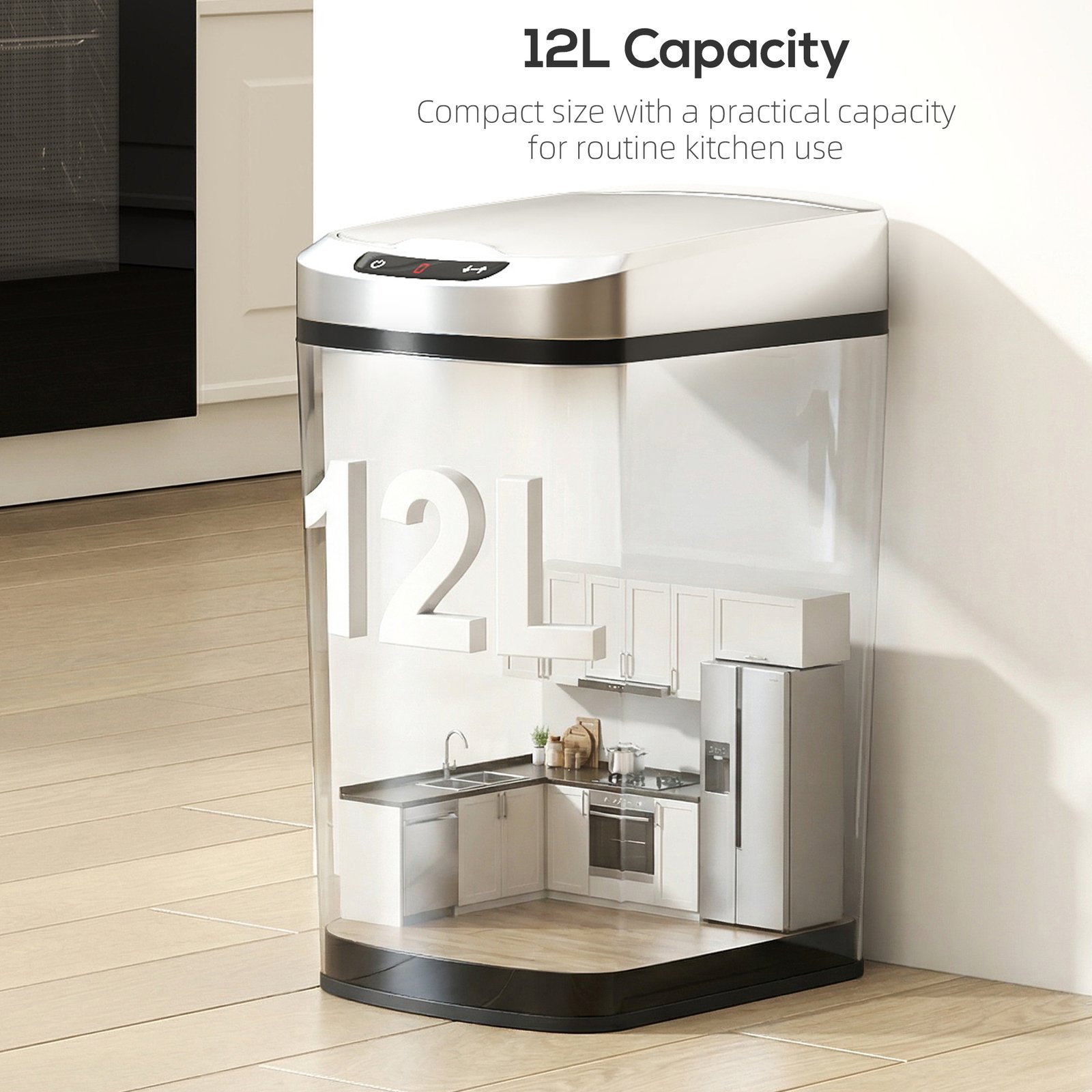 HOMCOM 12L Sensor Bin, Automatic Touchless Motion Sensor Kitchen Bin with Fingerprint Resistant Stainless Steel, Silver - Image 5