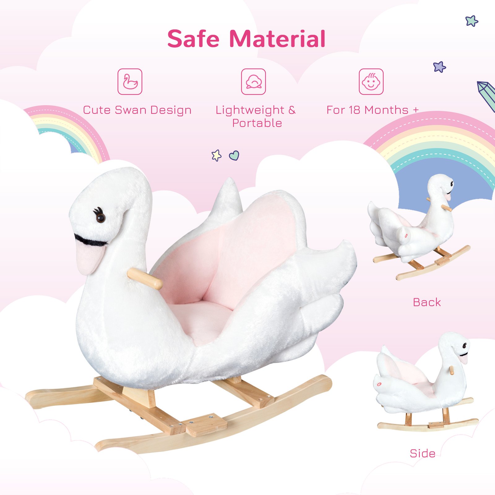 HOMCOM Kids Rocking Horse Plush Ride On Swan Toy w/ Safety Seat for Toddler 18 Months +, White and Pink - Image 5