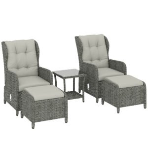Outsunny 5 Piece Garden Furniture Set, Rattan Reclining Garden Chair Set of 2 with Footstool and Cushion for Balcony, Cream