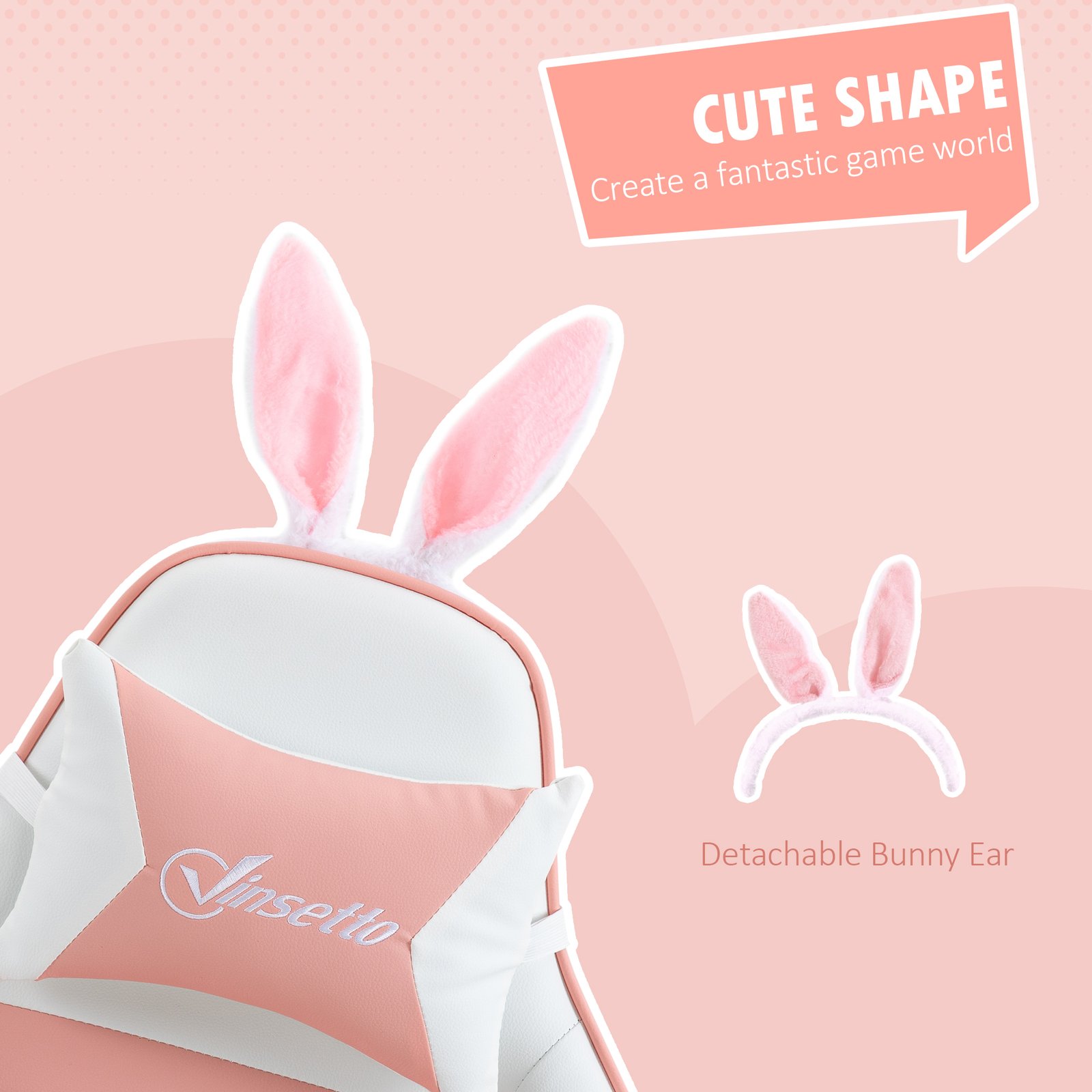 Vinsetto Racing Gaming Chair, Reclining PU Leather Computer Chair with Removable Rabbit Ears, Footrest, Headrest and Lumber Support, Pink - Image 5