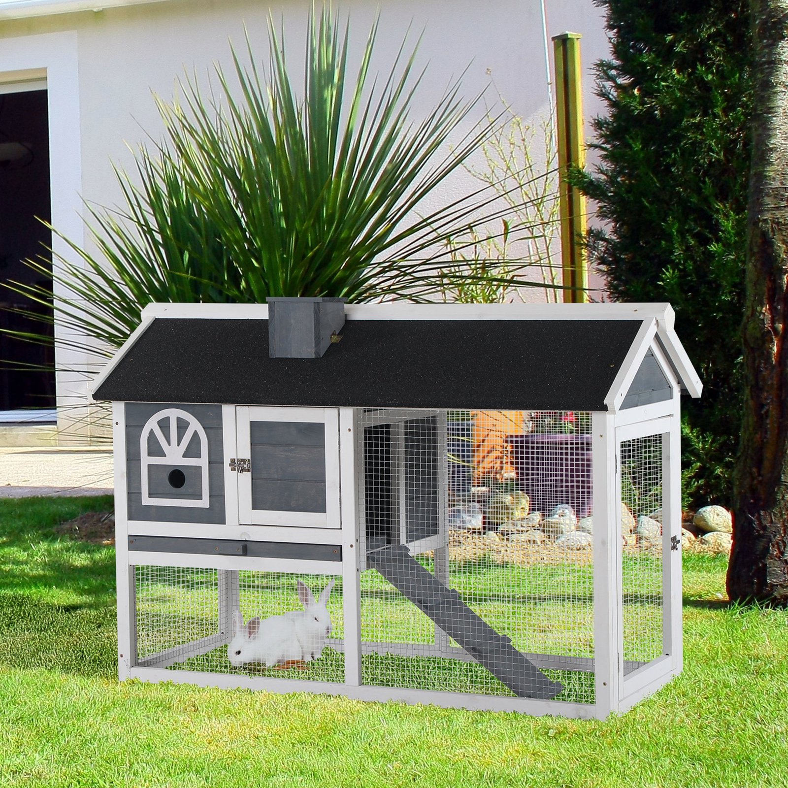 PawHut Guinea Pigs Hutches Wood Bunny Cage for Outdoor Indoor w/ Pull Out Tray Run Box Ramp - Image 2
