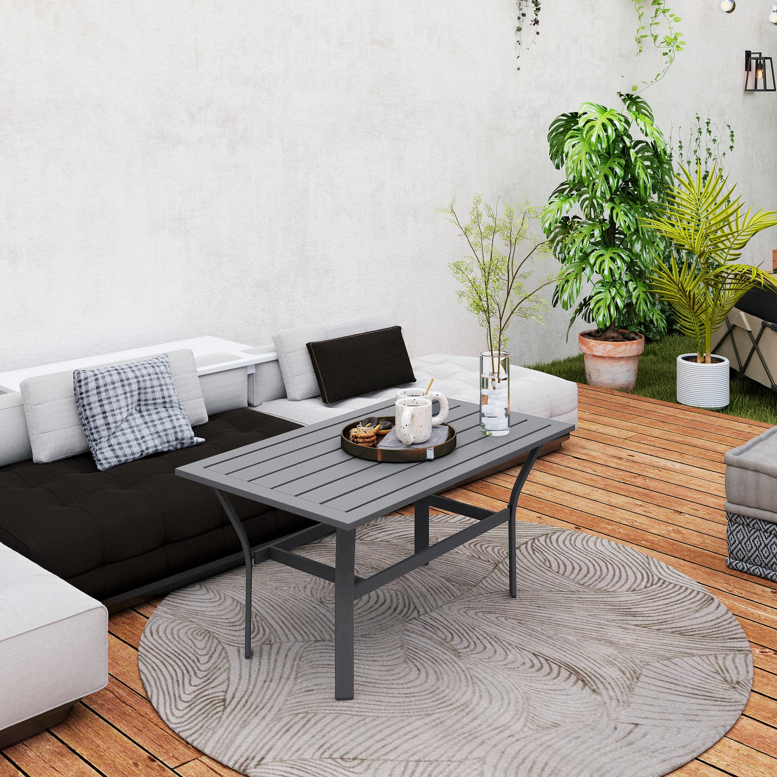 Outsunny Metal Garden Coffee Table, Rectangular Outdoor Side Table with Slatted Tabletop, Foot Pads for Outside, Garden, Balcony, Porch, 91.5 x 55 x 45cm, Dark Grey - Image 8